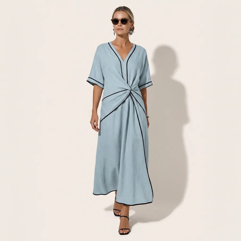 Chic Tie - Waist A - Line Summer Maxi Dress BlueSM-020-BLUE-S