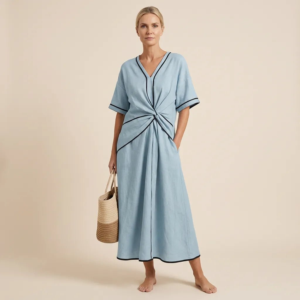 Chic Tie - Waist A - Line Summer Maxi Dress BlueSM-020-BLUE-S