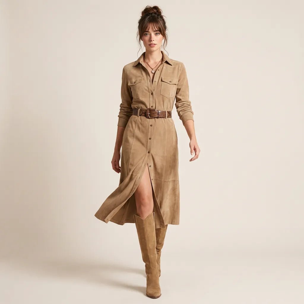 Classic Tailored Shirt Midi Dress BeigeSM-033-BEIGE-S