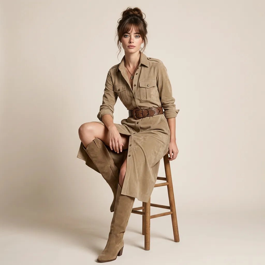 Classic Tailored Shirt Midi Dress BeigeSM-033-BEIGE-S