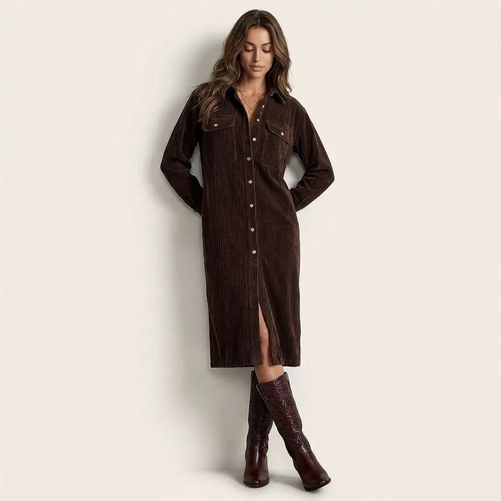 Corduroy Button - Down Midi Dress Dark BrownSM-034-DARKBROWN-S