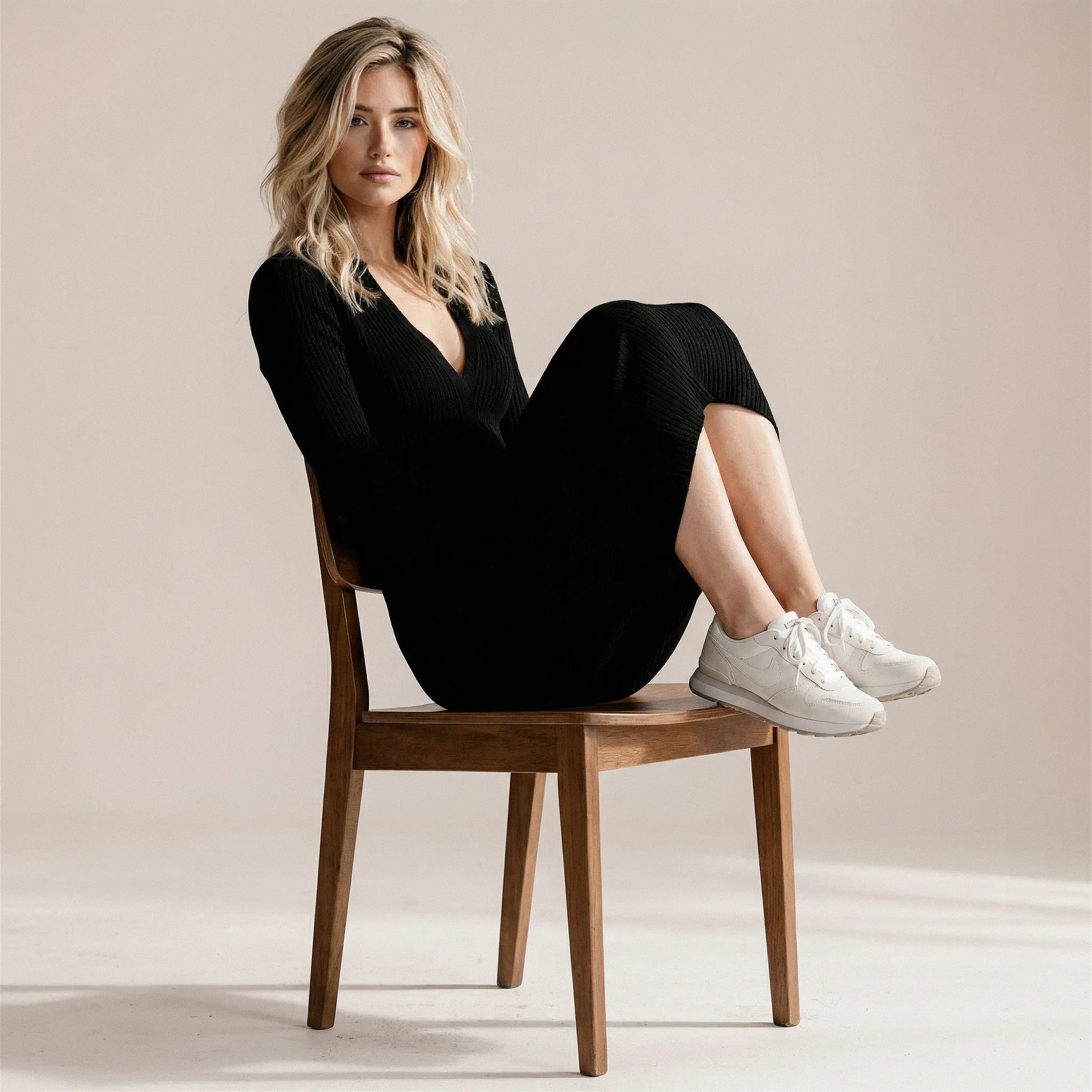 Slim Fit Ribbed Knit Wrap Midi Body Dress