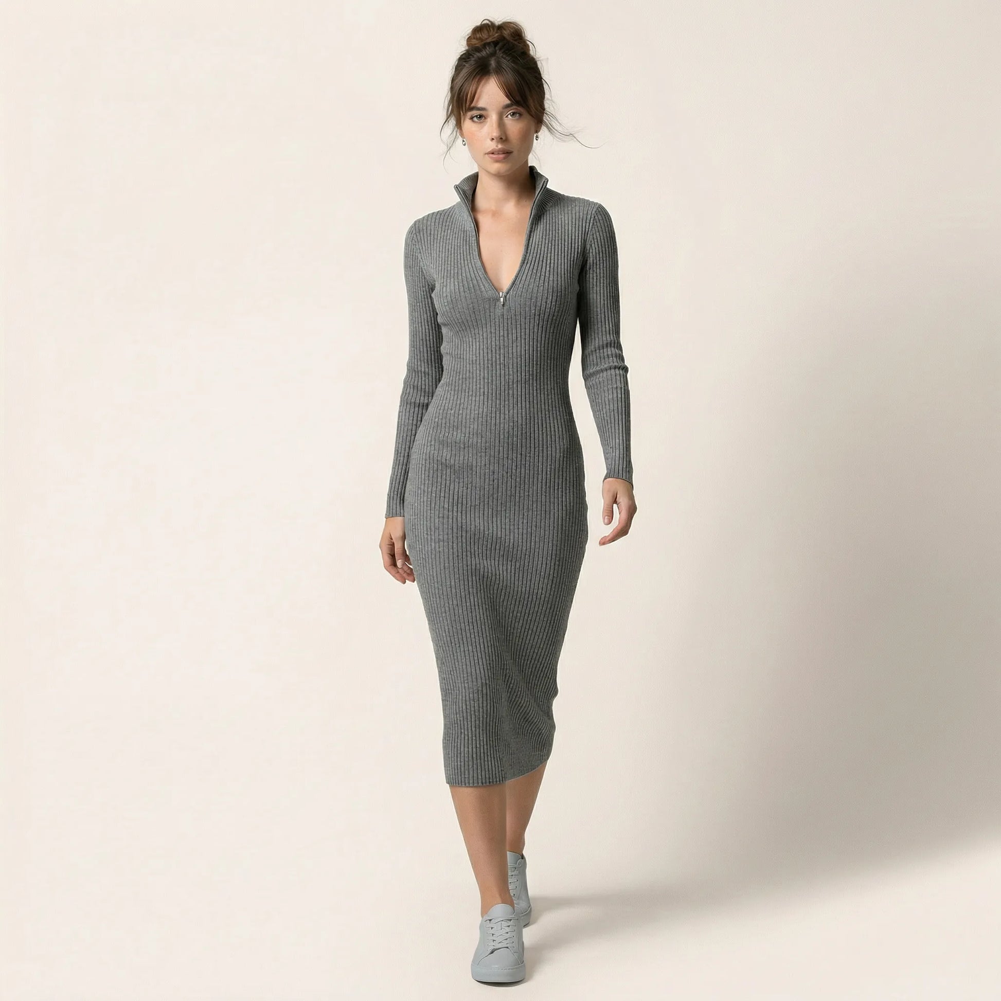 Slim Fit Ribbed Knit Wrap Midi Body Dress