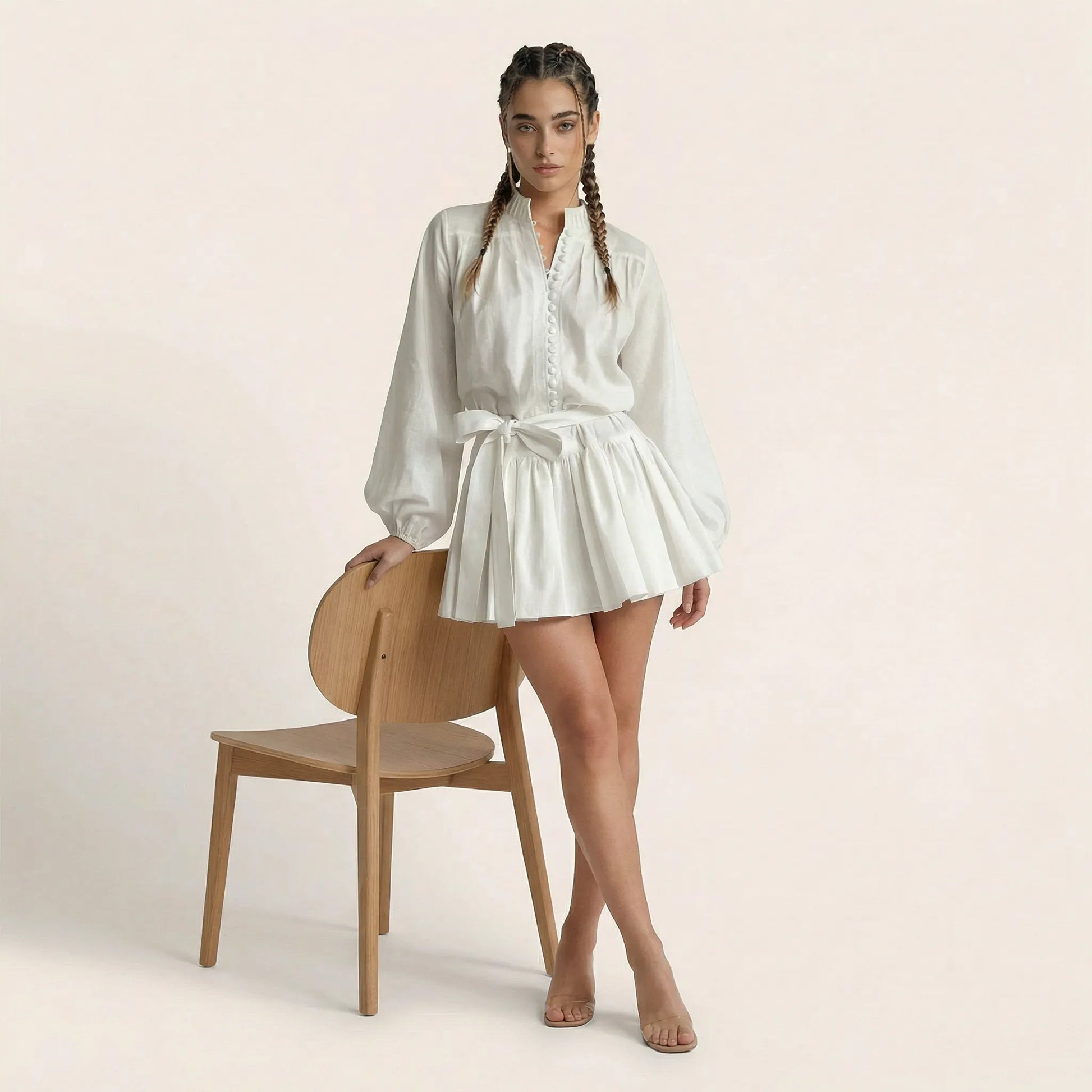 Long Sleeve Pleated Hem Mini Shirt Dress