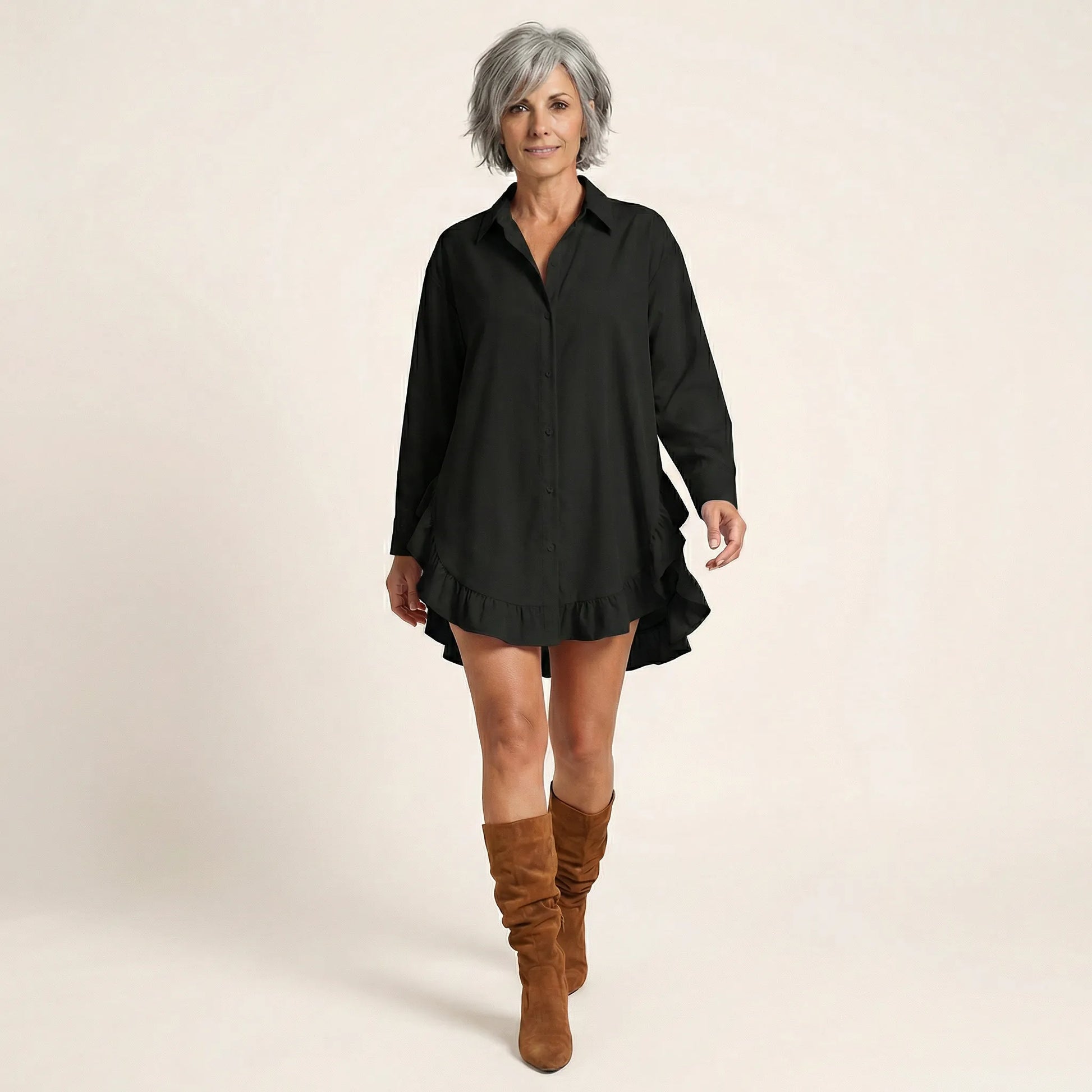 Oversized Shirt Dress with Frill Hem