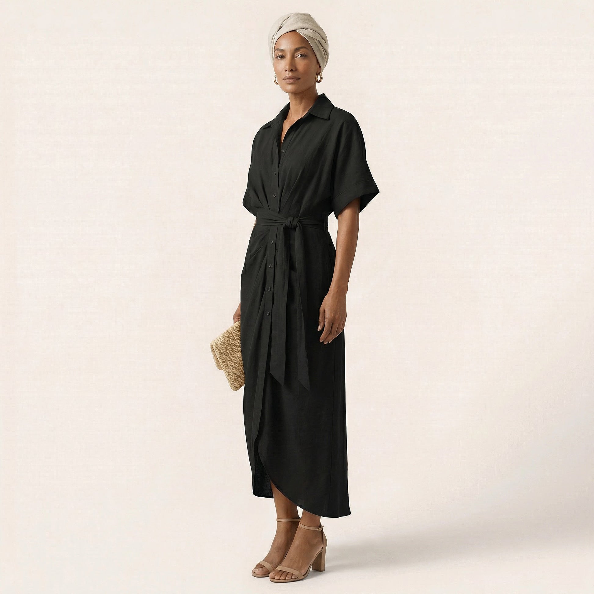 Noir Flow Belted Midi Shirt Dress