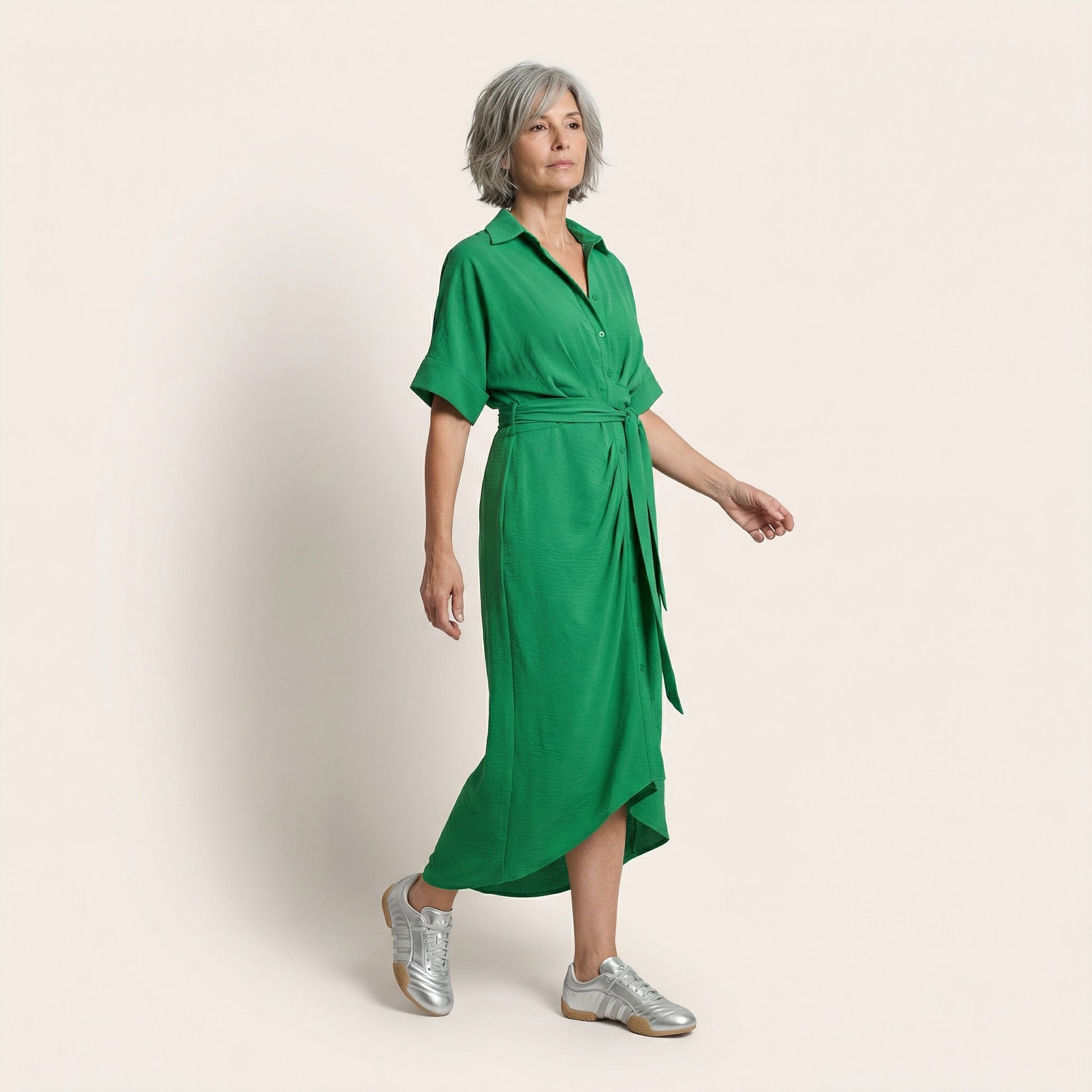 Noir Flow Belted Midi Shirt Dress