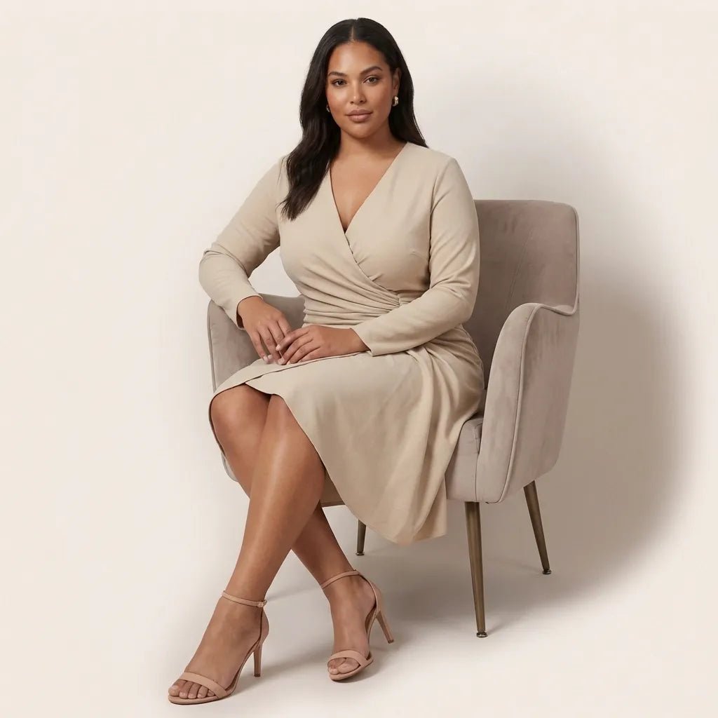 Day - to - Night Draped Midi Dress BeigeSM-009-BEIGE-S