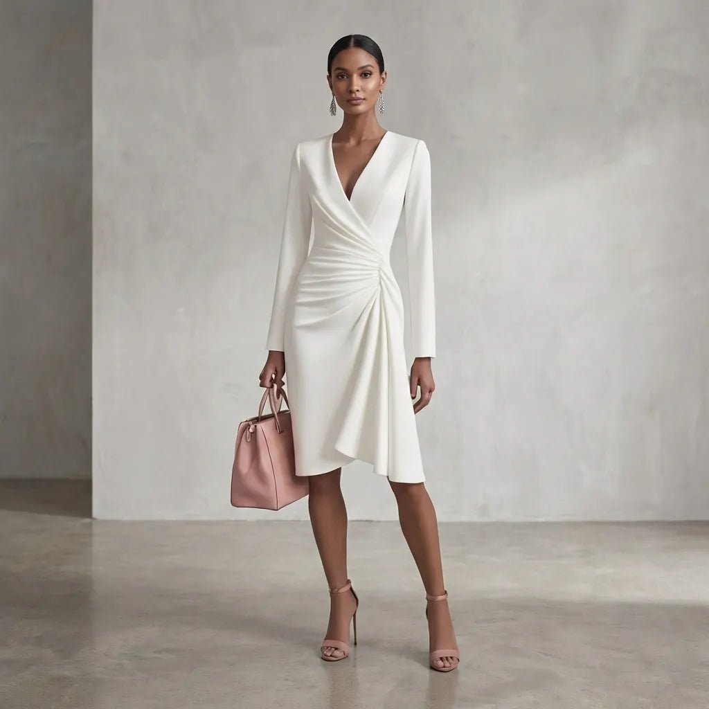 Day - to - Night Draped Midi Dress WhiteSM-009-WHITE-S