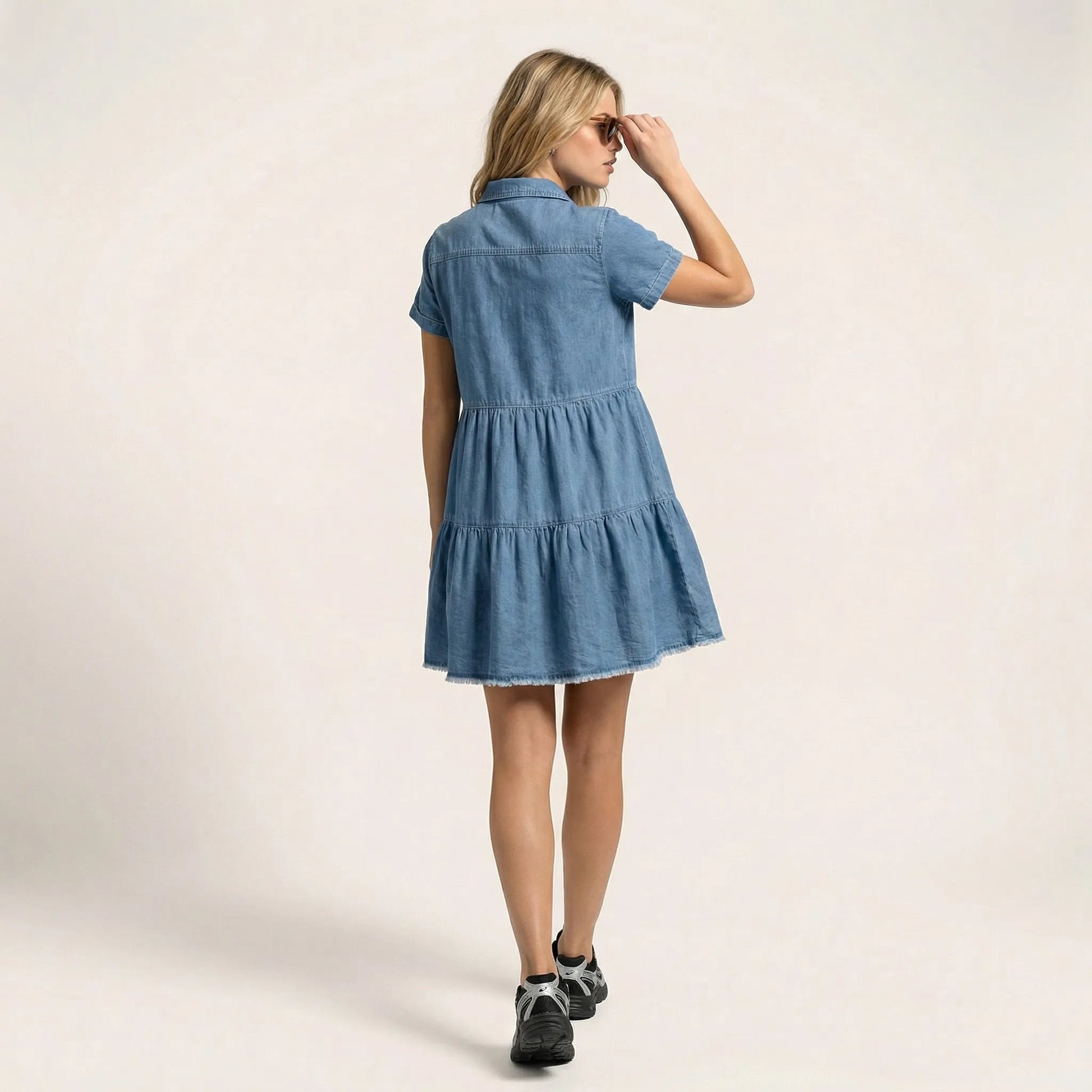 Denim Shirt Dress with Frayed Hem BlueSM-026-BLUE-S