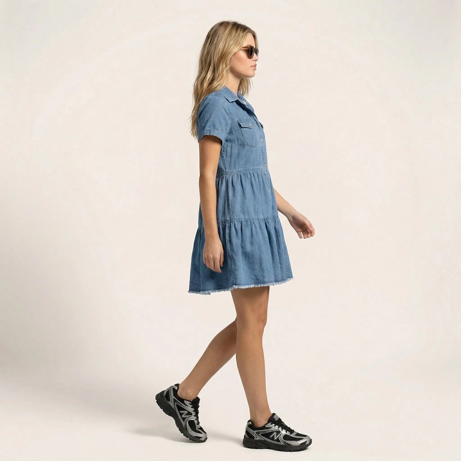 Denim Shirt Dress with Frayed Hem BlueSM-026-BLUE-S