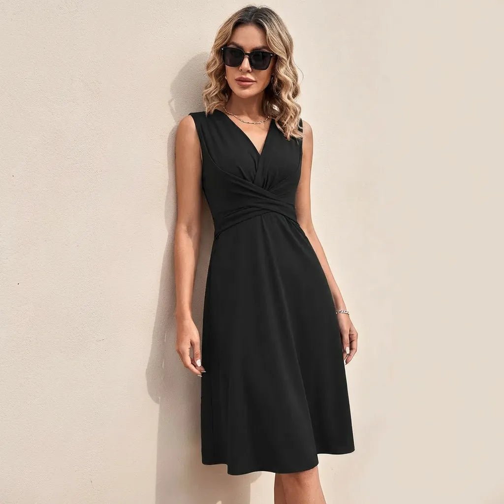 Draped Waist Day - to - Night Midi Dress BlackSM-013-BLACK-S