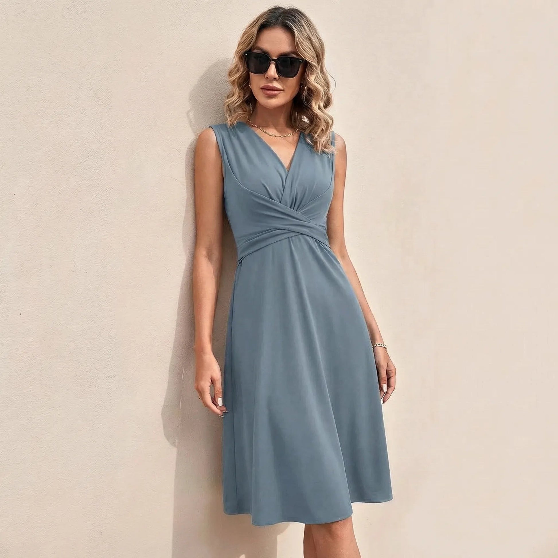 Draped Waist Day - to - Night Midi Dress BlueSM-013-BLUE-S