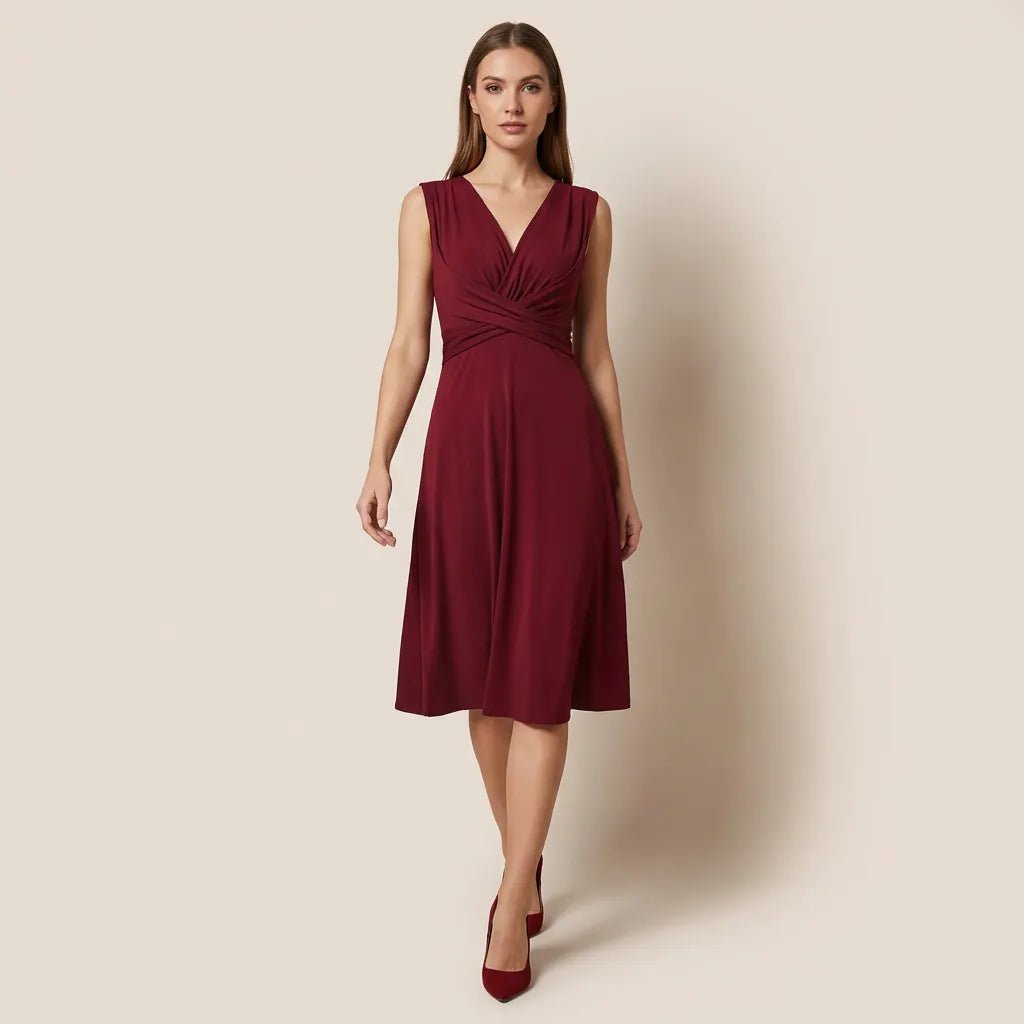 Draped Waist Day - to - Night Midi Dress MaroonSM-013-MAROON-S