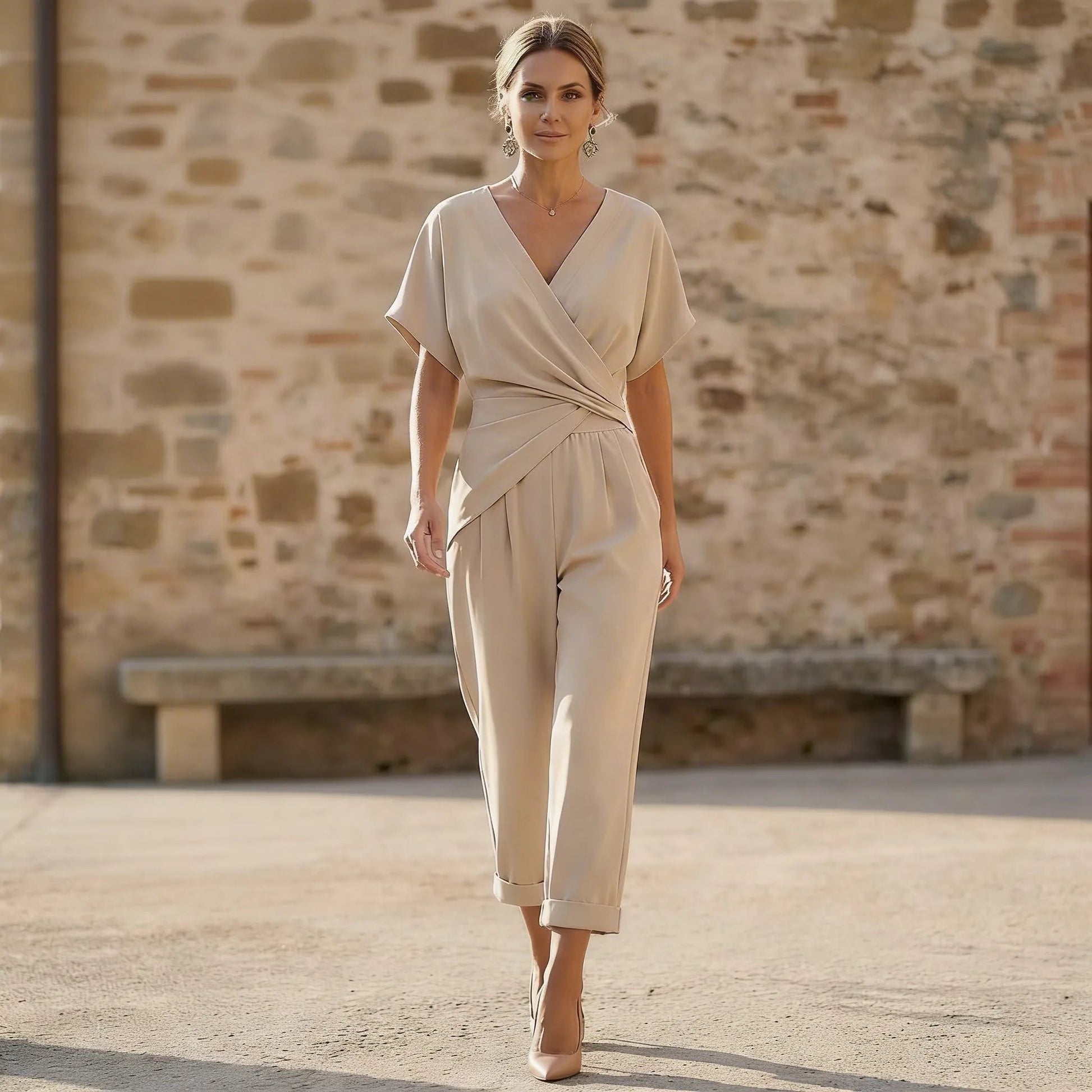 Draped Waist Top & Pocket Trousers Set BeigeSM-014-BEIGE-S