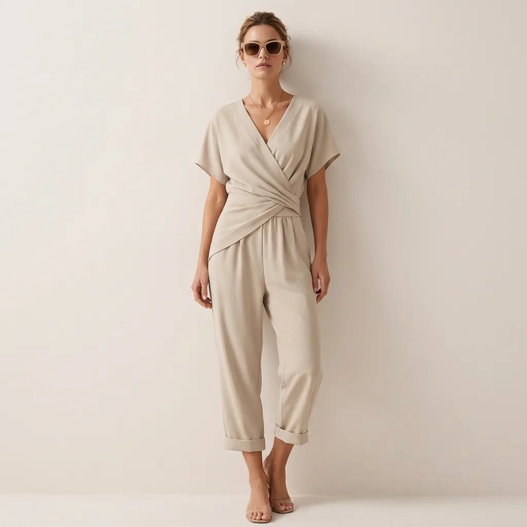 Draped Waist Top & Pocket Trousers Set BeigeSM-014-BEIGE-S