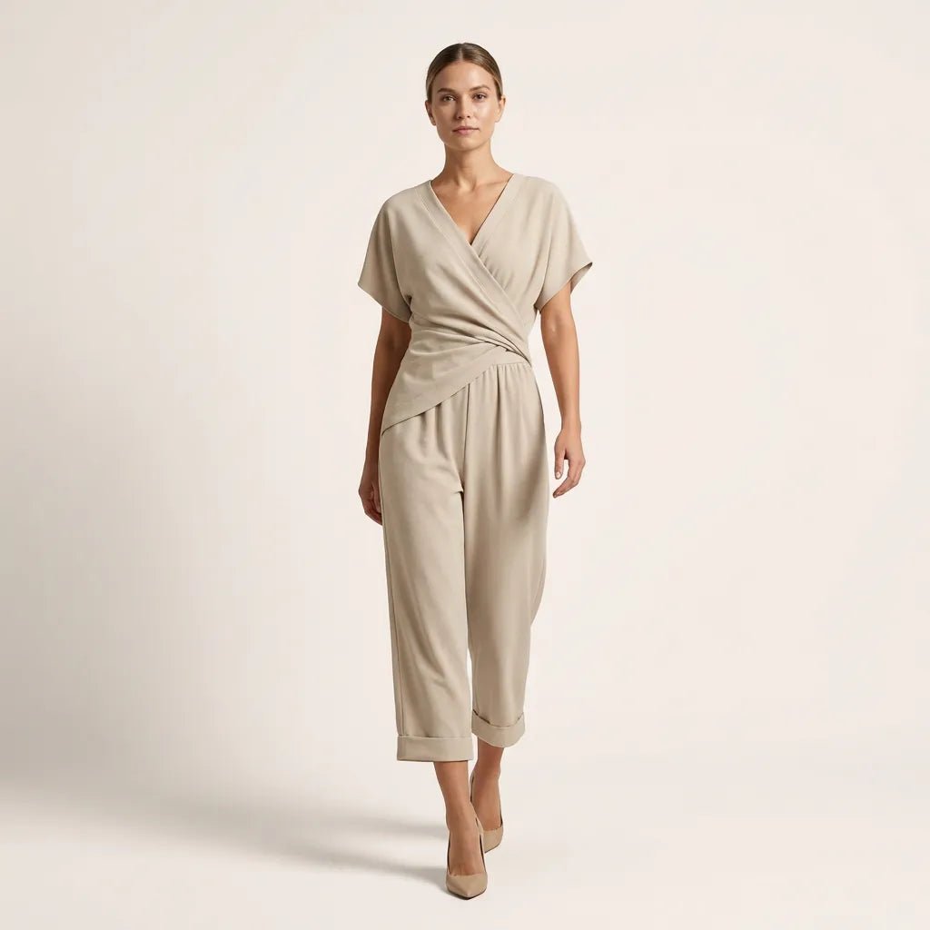 Draped Waist Top & Pocket Trousers Set BeigeSM-014-BEIGE-S
