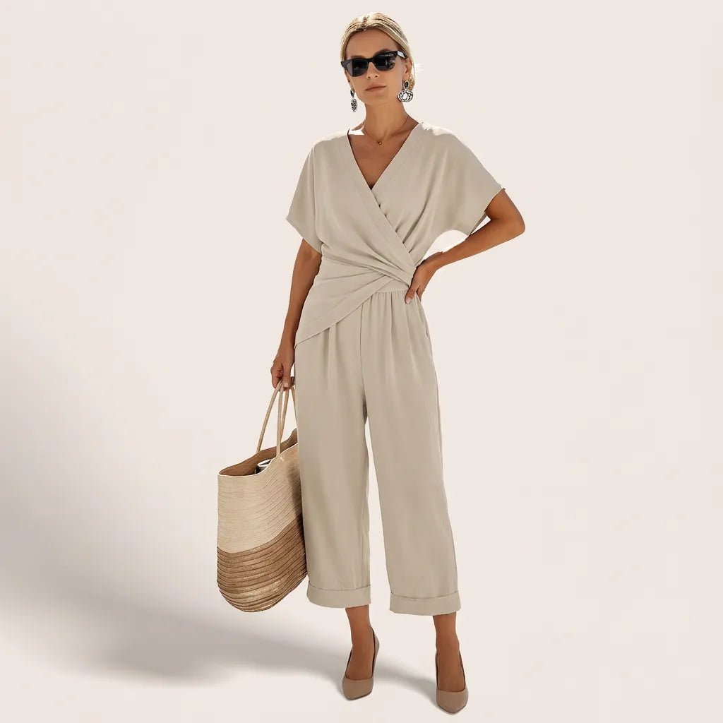 Draped Waist Top & Pocket Trousers Set BeigeSM-014-BEIGE-S
