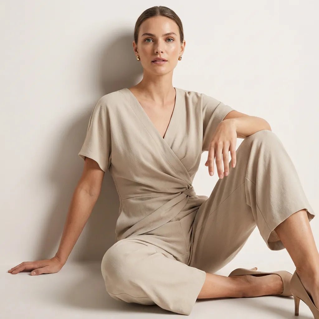 Draped Waist Top & Pocket Trousers Set BeigeSM-014-BEIGE-S