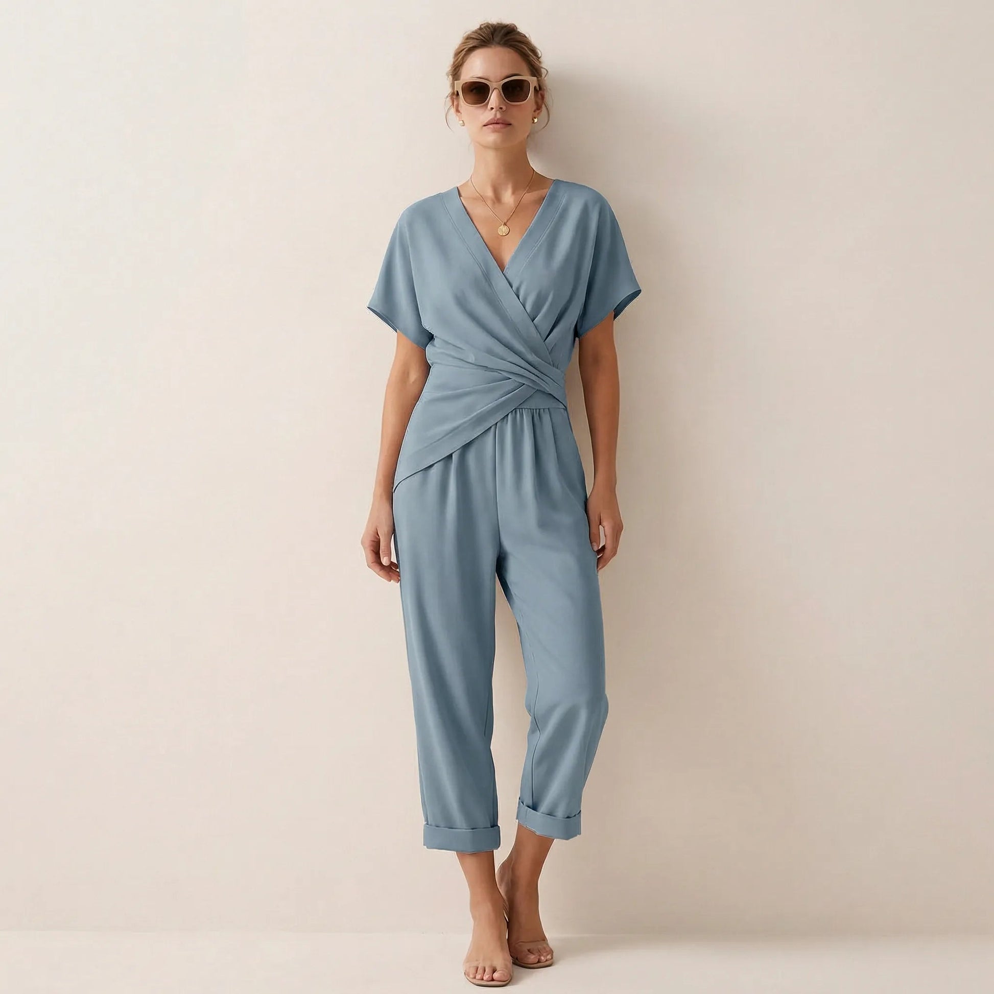 Draped Waist Top & Pocket Trousers Set BlueSM-014-BLUE-S
