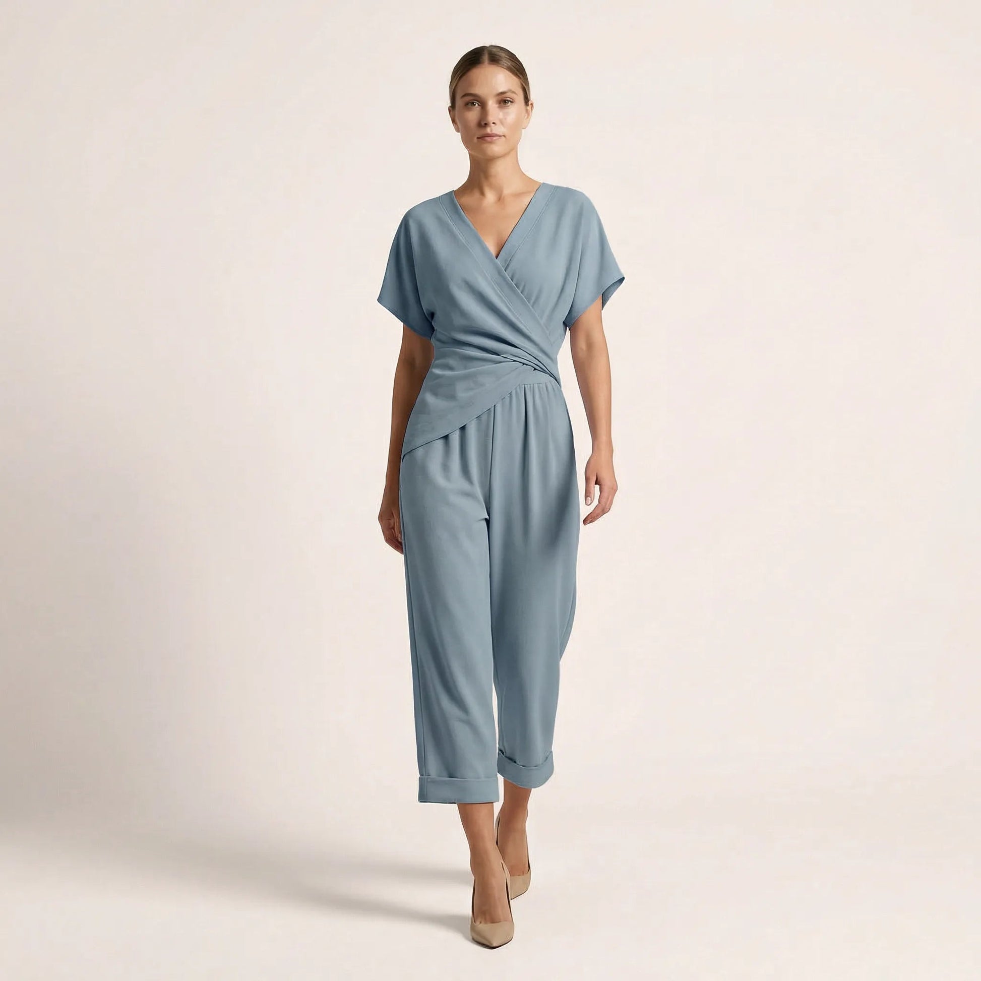 Draped Waist Top & Pocket Trousers Set BlueSM-014-BLUE-S