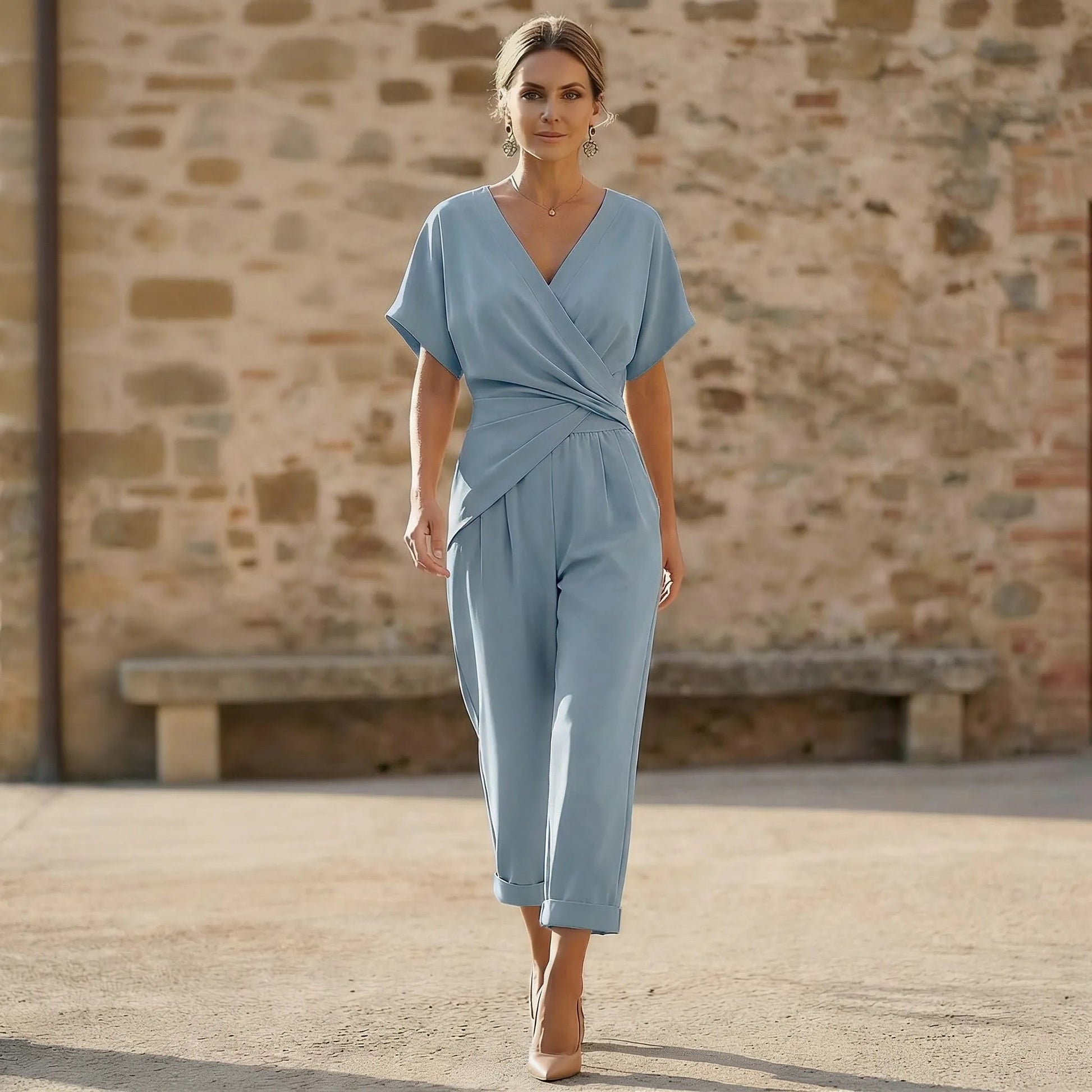 Draped Waist Top & Pocket Trousers Set BlueSM-014-BLUE-S