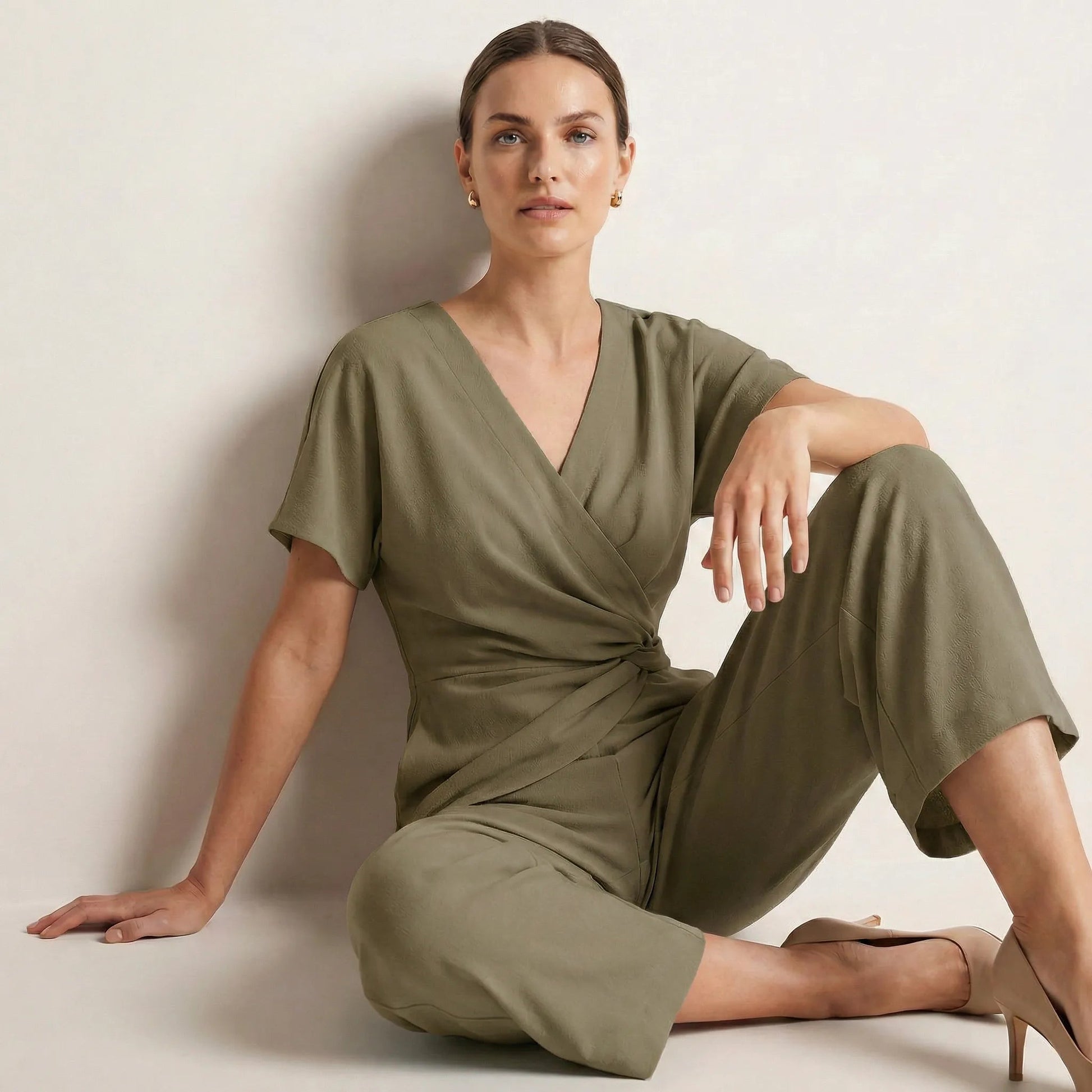 Draped Waist Top & Pocket Trousers Set KhakiSM-014-KHAKI-S