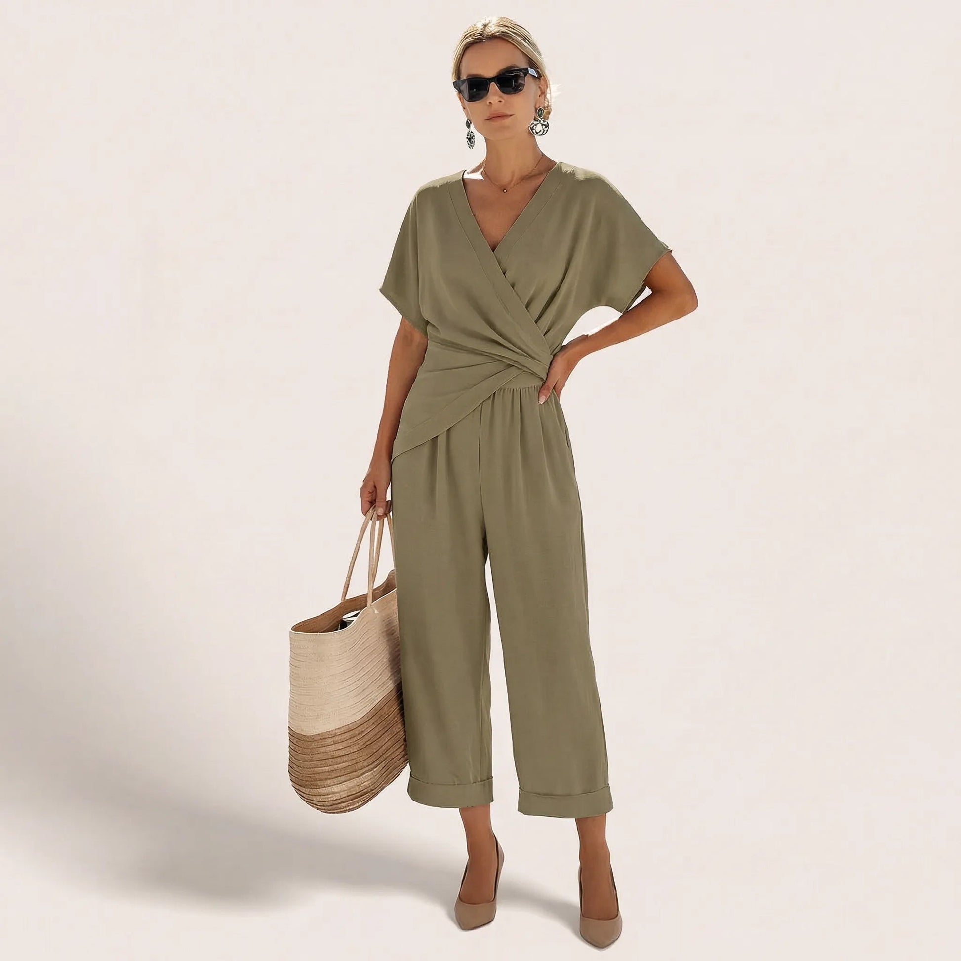 Draped Waist Top & Pocket Trousers Set KhakiSM-014-KHAKI-S
