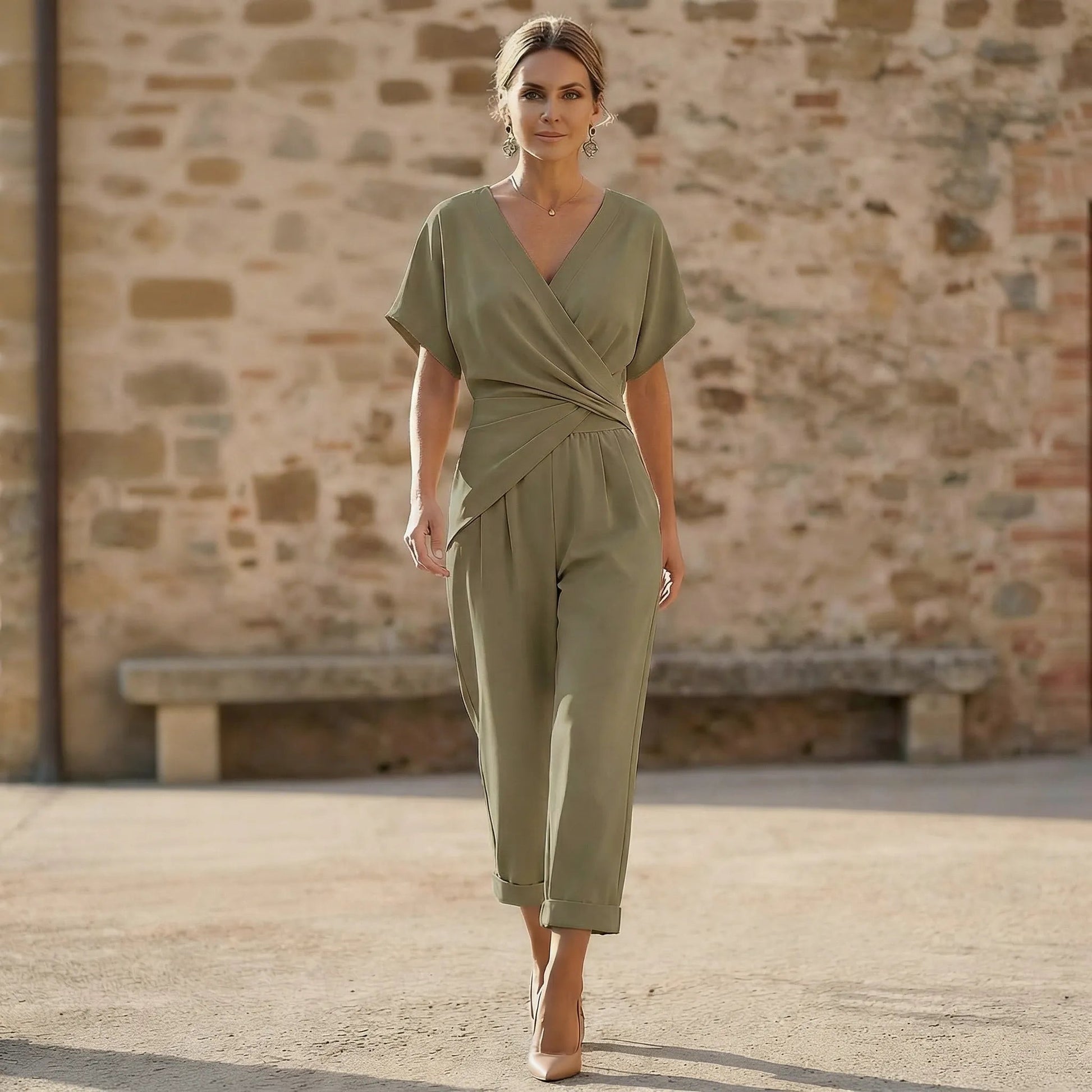 Draped Waist Top & Pocket Trousers Set KhakiSM-014-KHAKI-S