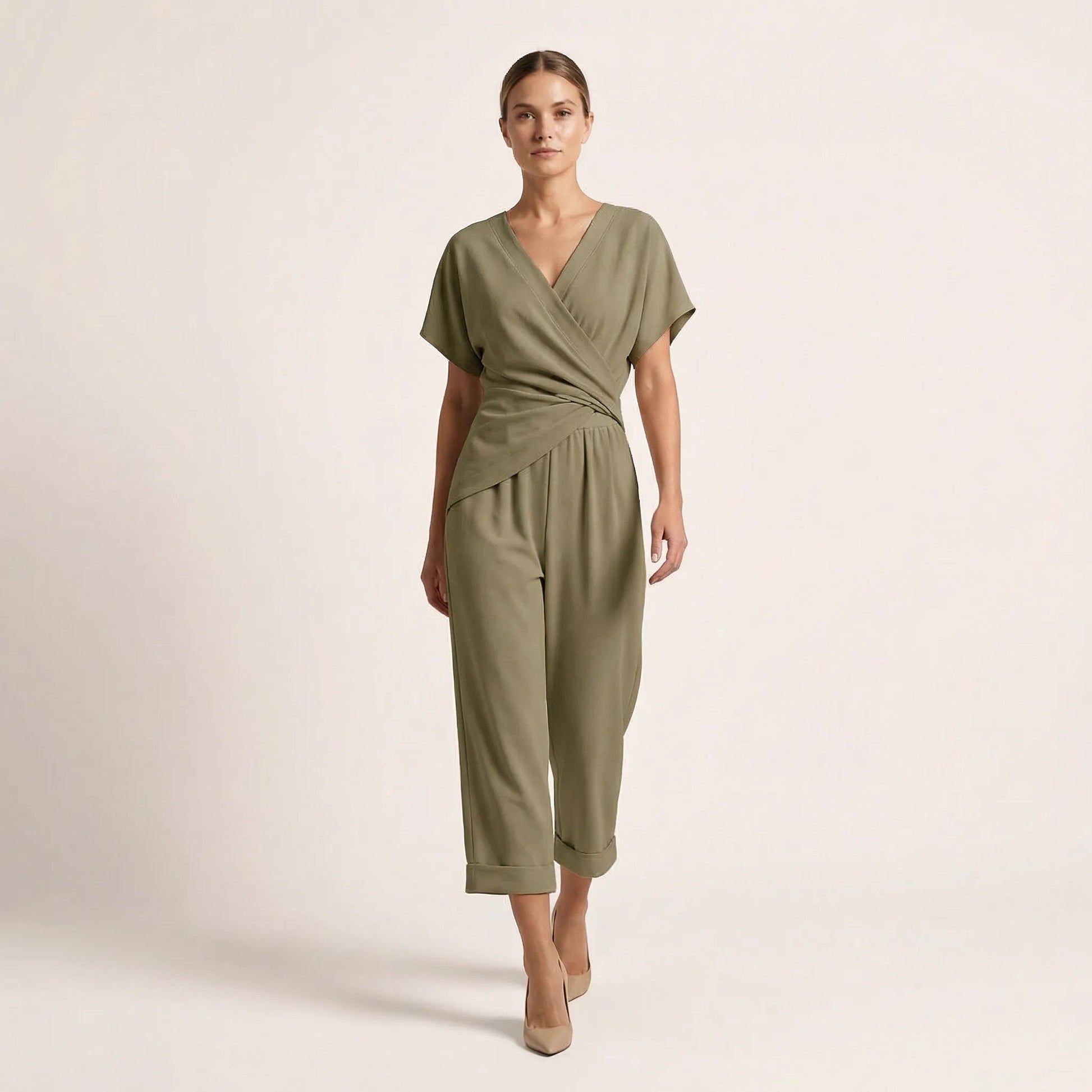 Draped Waist Top & Pocket Trousers Set KhakiSM-014-KHAKI-S