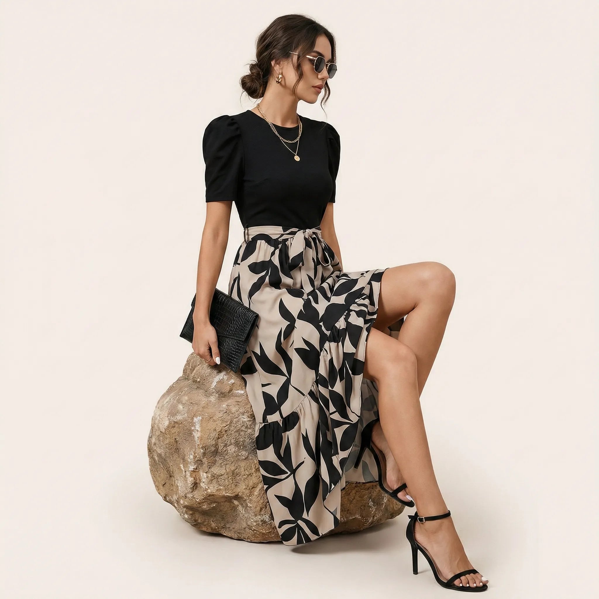 Eclipse Bloom Contrast Midi Dress BlackS