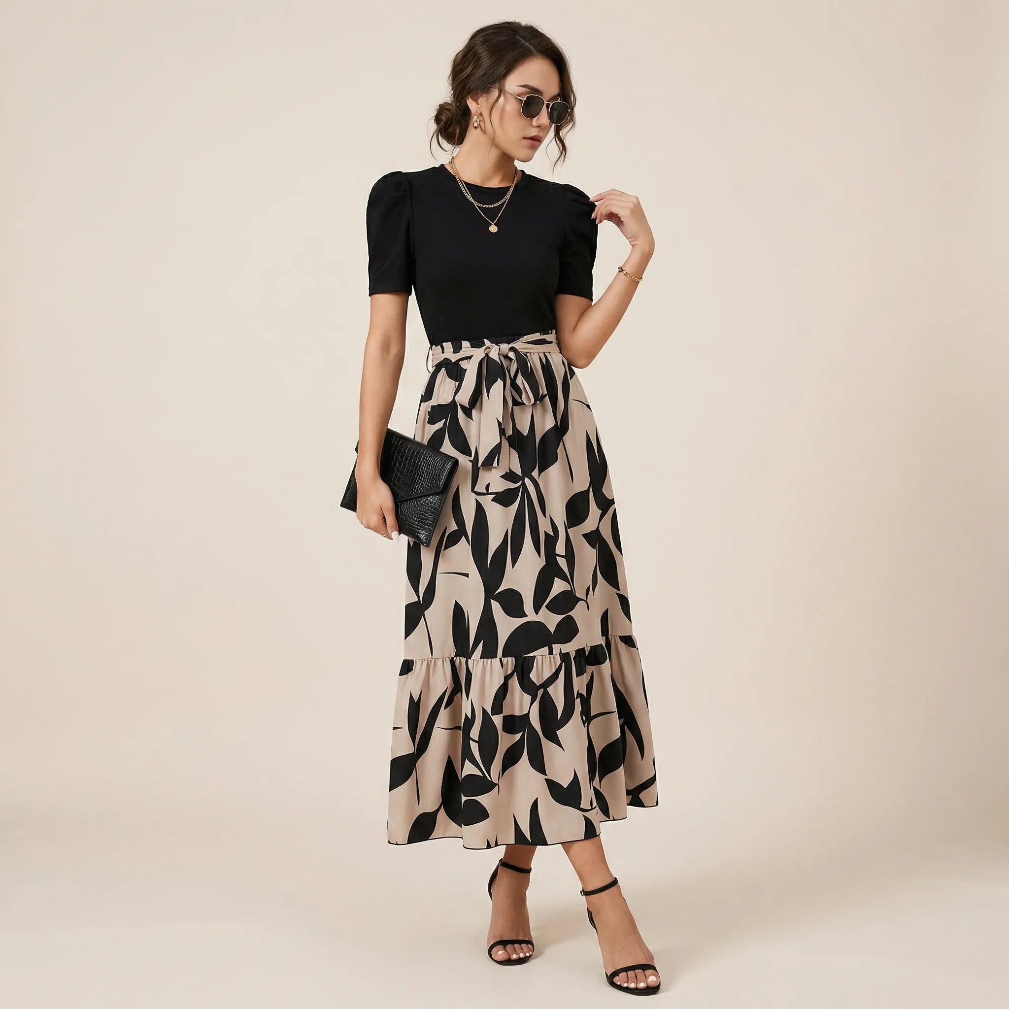 Eclipse Bloom Contrast Midi Dress BlackS