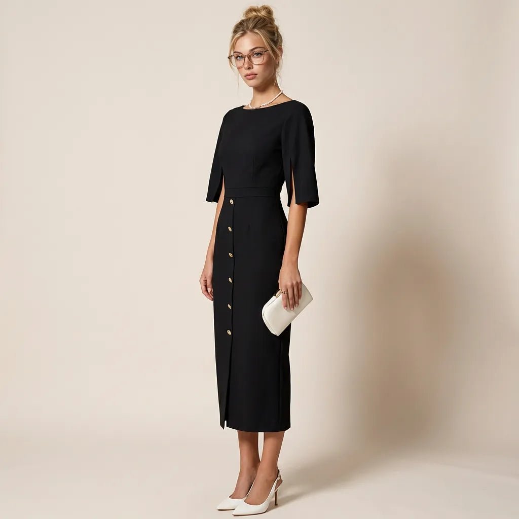 Eleanor Cape Sleeve Midi Dress BlackSM-037-BLACK-S