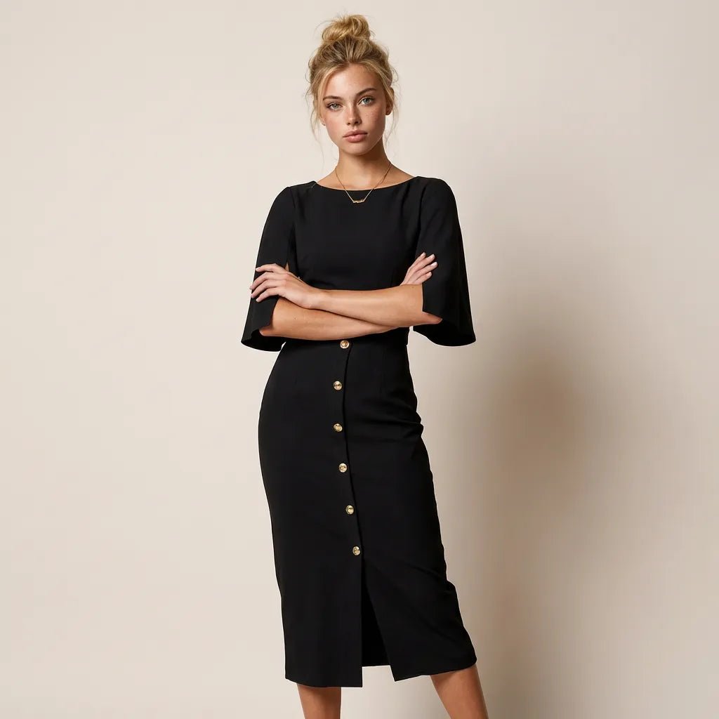 Eleanor Cape Sleeve Midi Dress BlackSM-037-BLACK-S