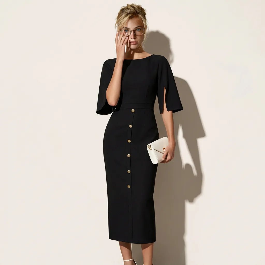 Eleanor Cape Sleeve Midi Dress BlackSM-037-BLACK-S