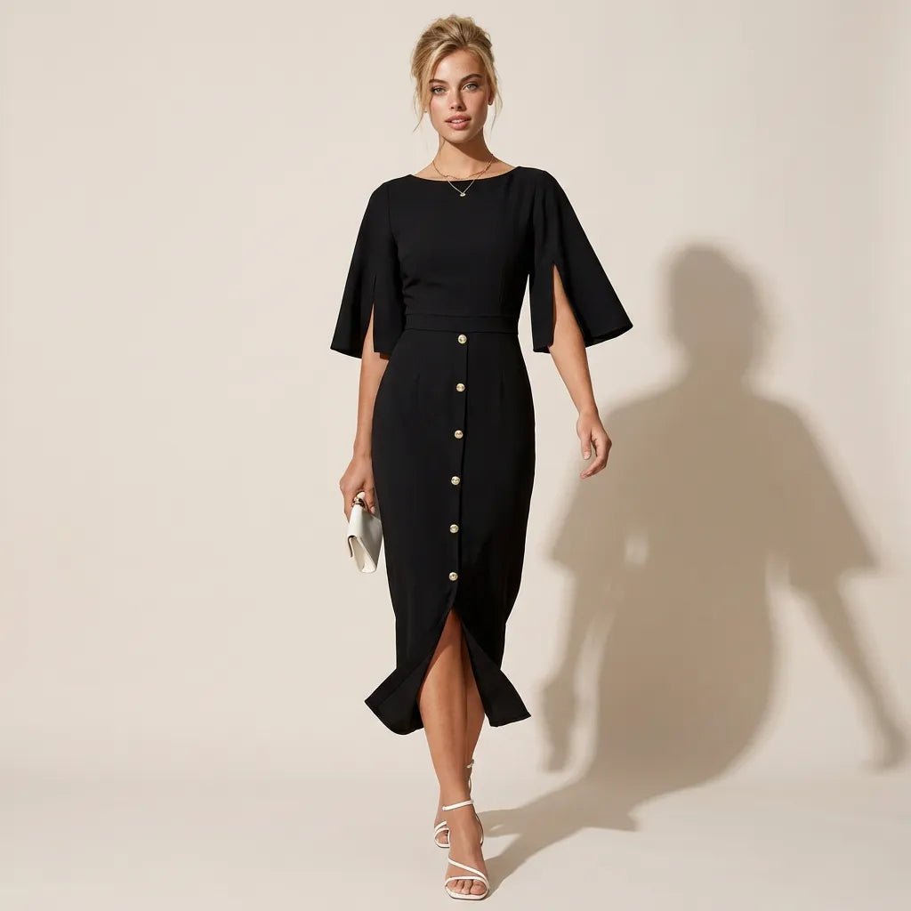 Eleanor Cape Sleeve Midi Dress BlackSM-037-BLACK-S