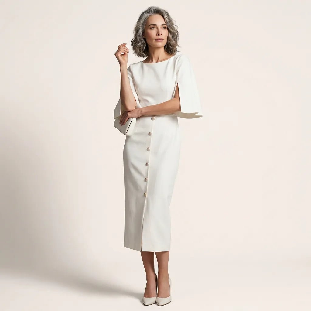 Eleanor Cape Sleeve Midi Dress WhiteSM-037-WHITE-S