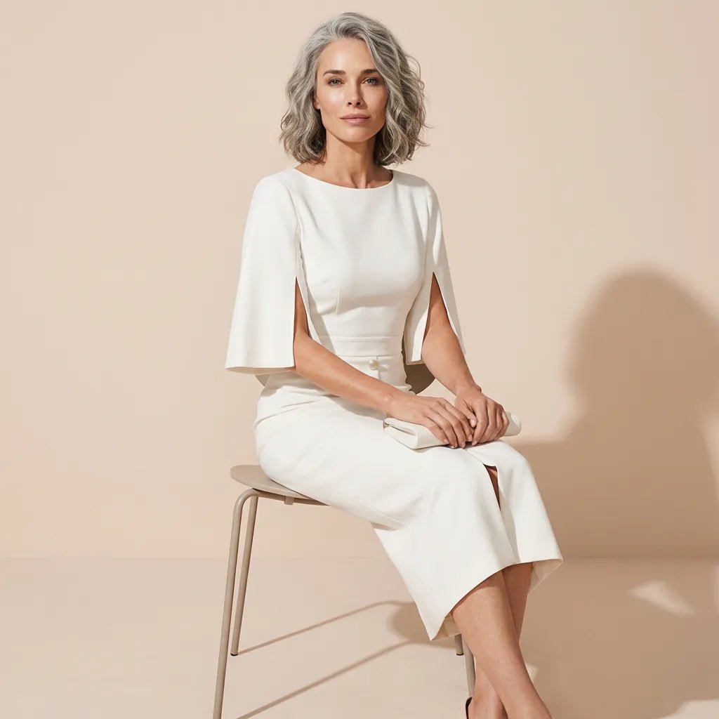 Eleanor Cape Sleeve Midi Dress WhiteSM-037-WHITE-S