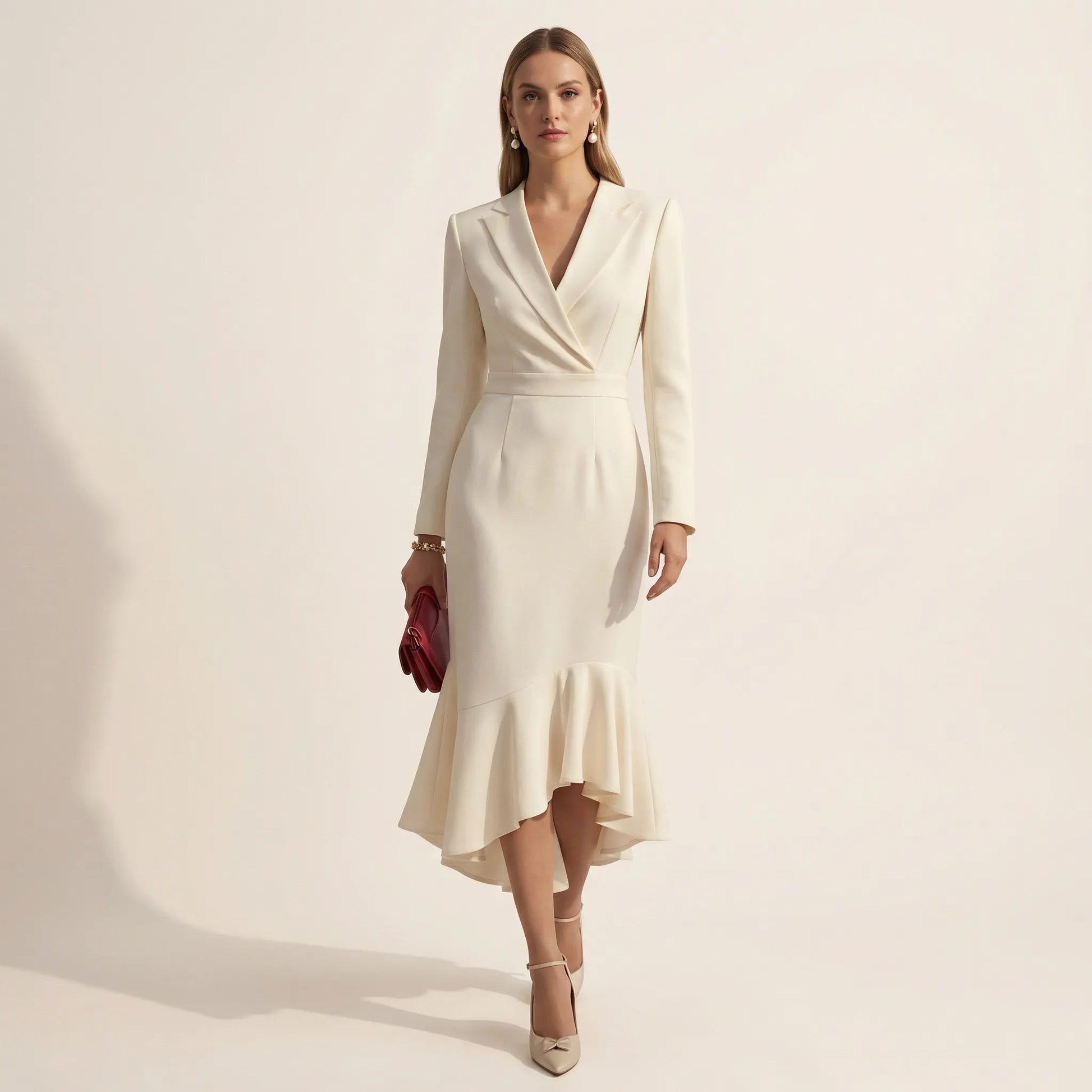 Elegant Blazer - Collar Mermaid Midi Dress BeigeSM-002-BEIGE-S