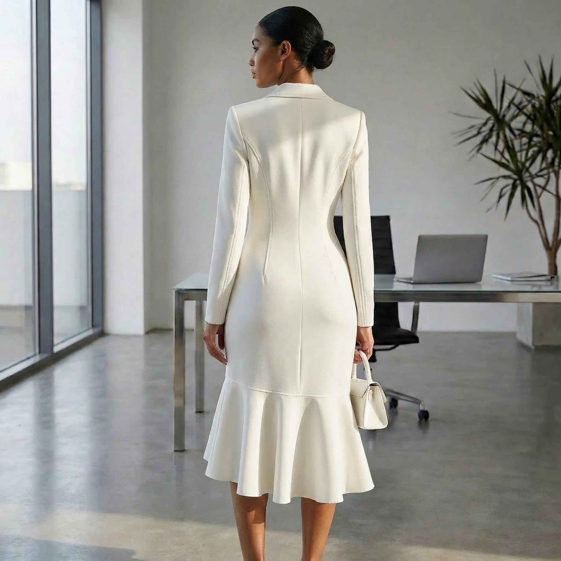 Elegant Blazer - Collar Mermaid Midi Dress BeigeSM-002-BEIGE-S