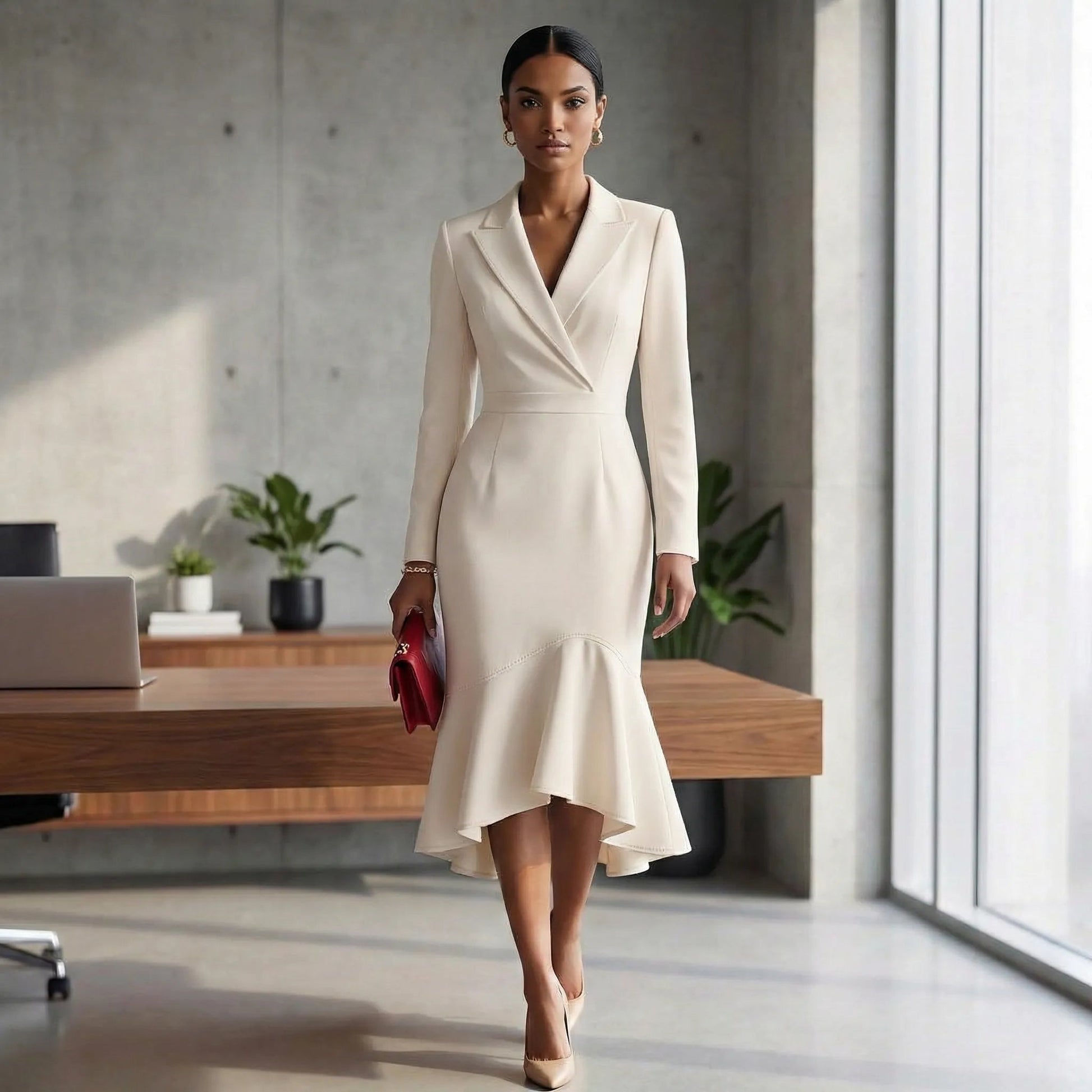 Elegant Blazer - Collar Mermaid Midi Dress BeigeSM-002-BEIGE-S