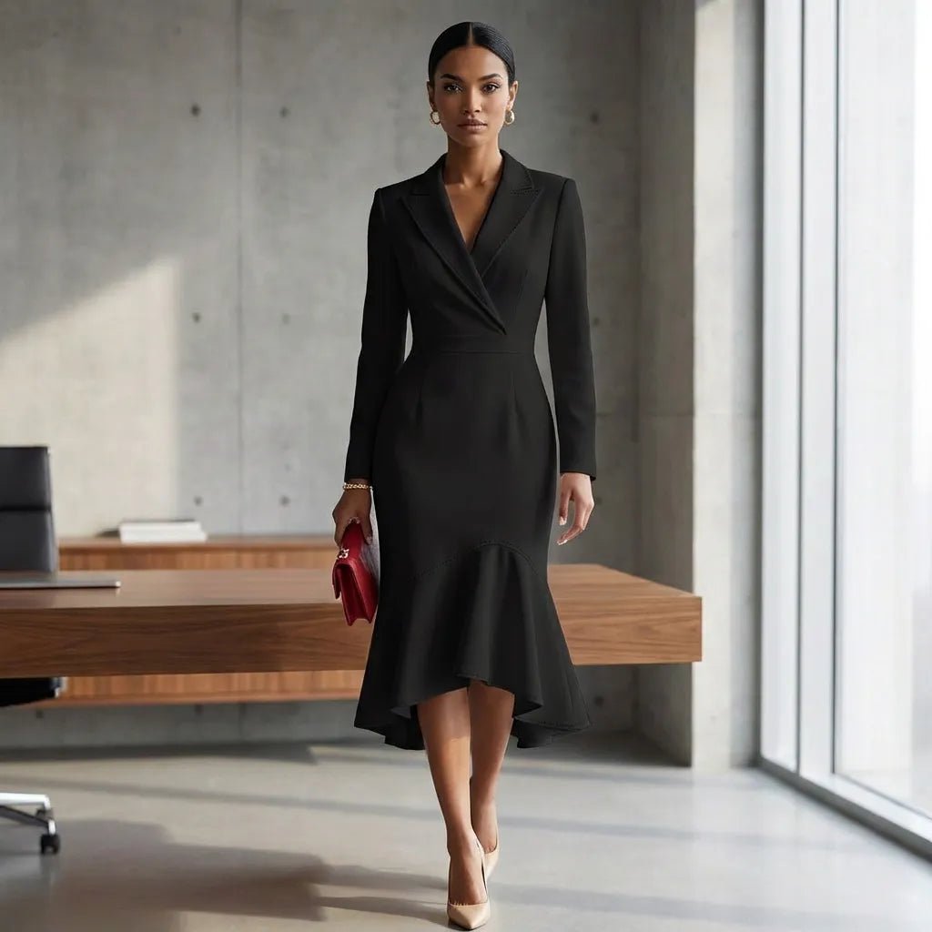 Elegant Blazer - Collar Mermaid Midi Dress BlackSM-002-BLACK-S