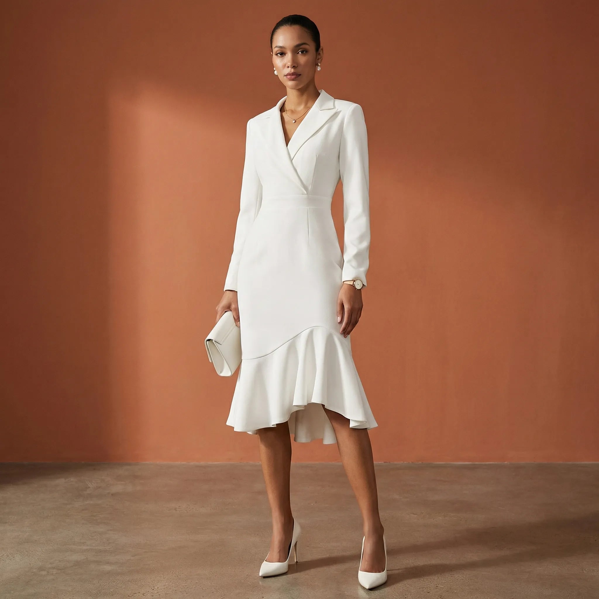 Elegant Blazer - Collar Mermaid Midi Dress WhiteSM-002-WHITE-S