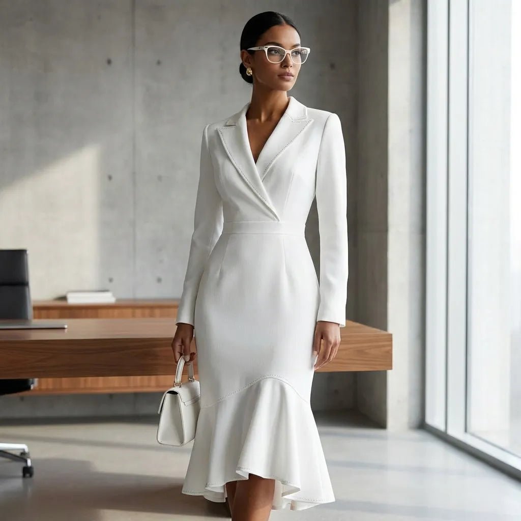 Elegant Blazer - Collar Mermaid Midi Dress WhiteSM-002-WHITE-S