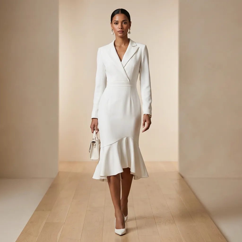 Elegant Blazer - Collar Mermaid Midi Dress WhiteSM-002-WHITE-S