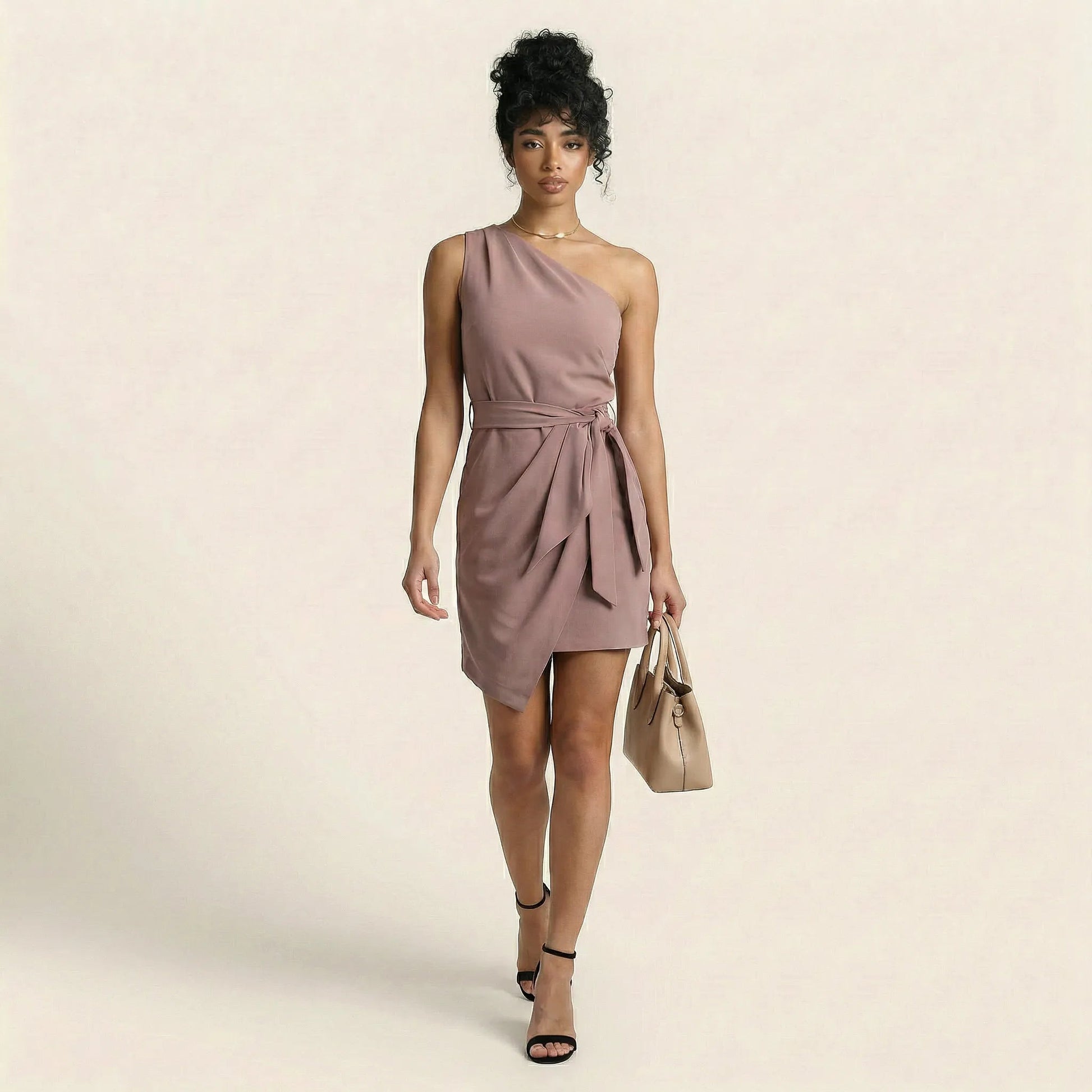 Elegant One - Shoulder Wrap Mini Dress PinkSM-053-PINK-S