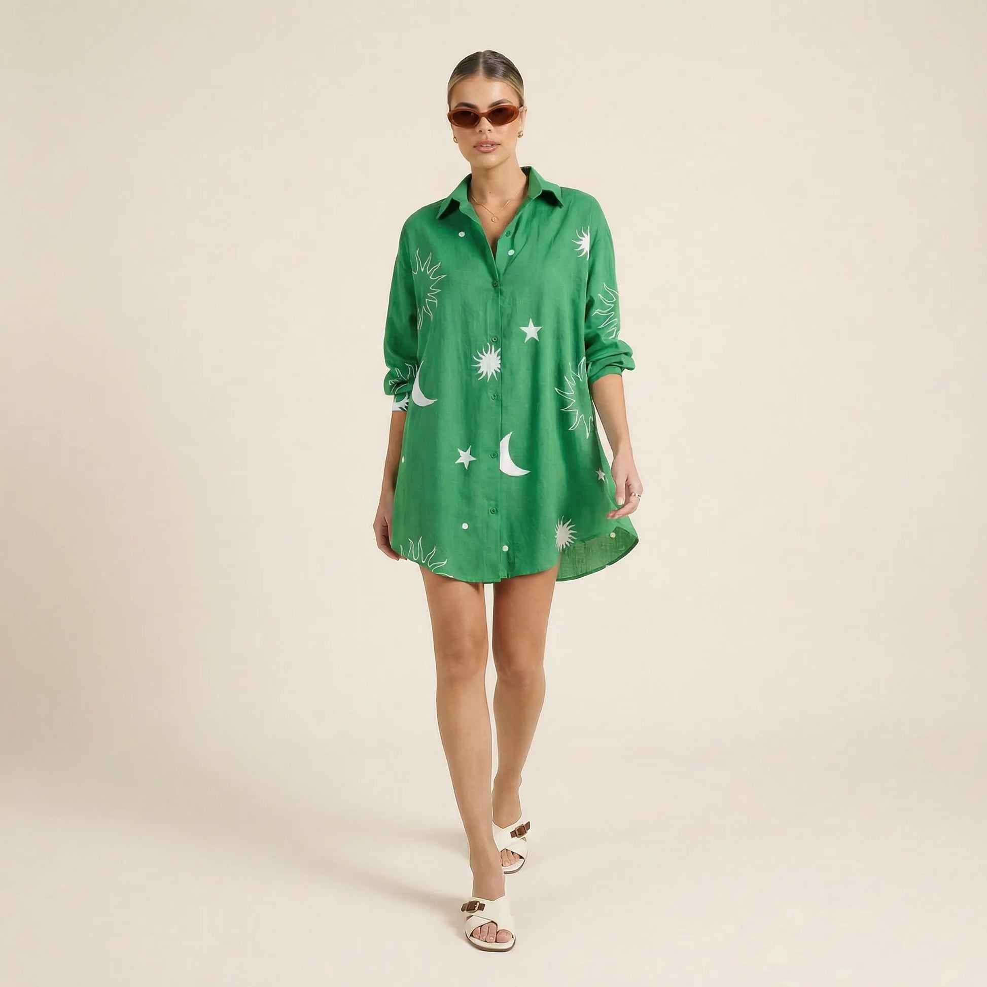 Emerald Celestial Print Shirt Mini Dress GreenSM-052-GREEN-S