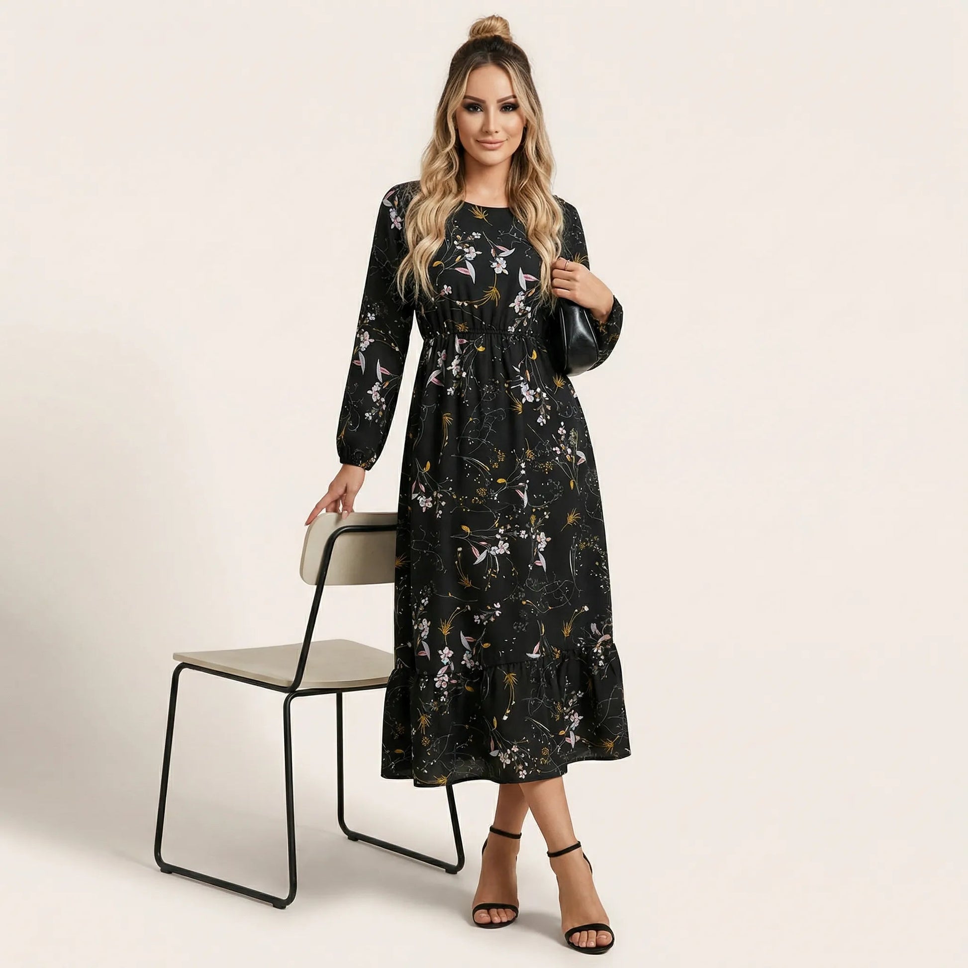 Floral Long Sleeve Midi Dress BlackSM-054-BLACK-S
