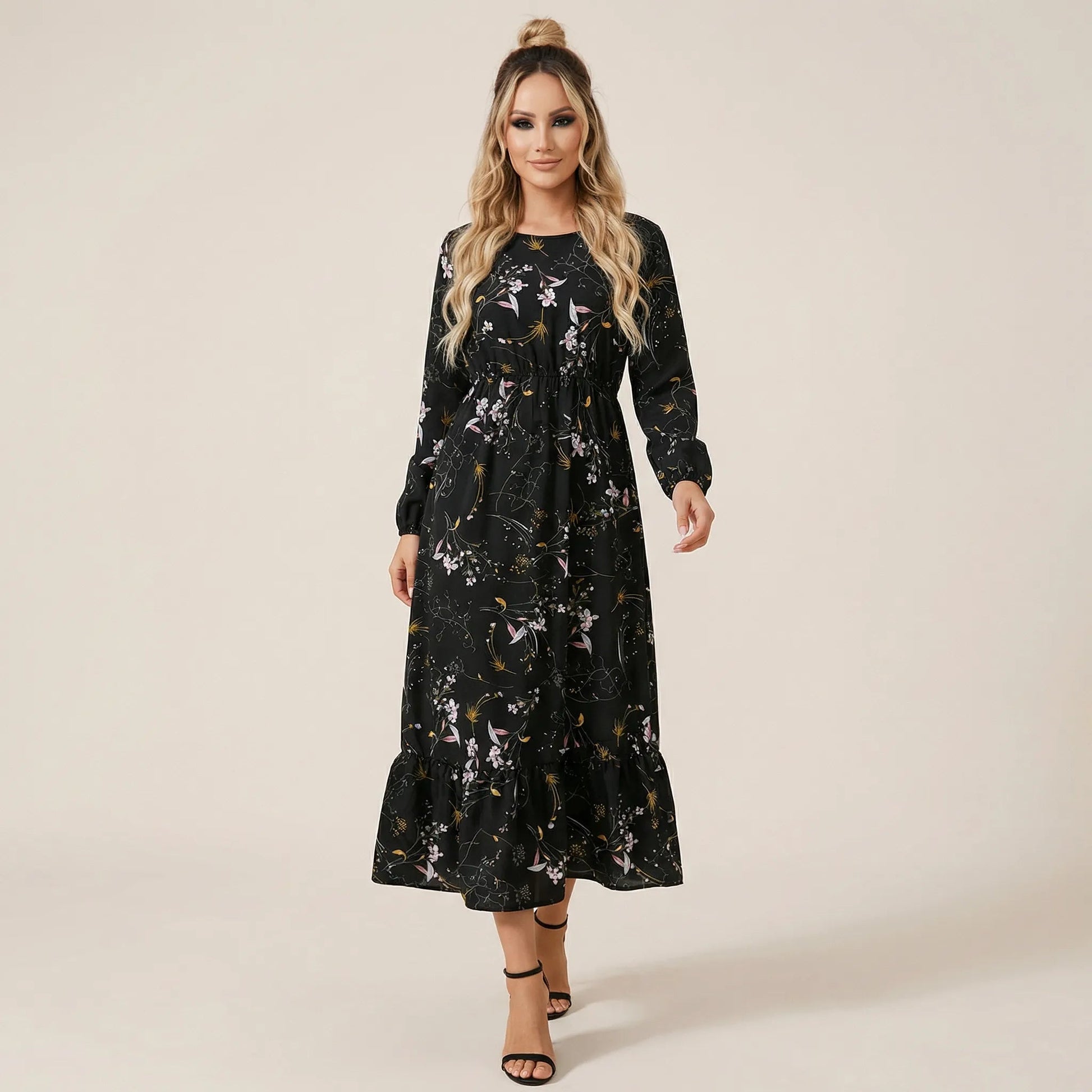Floral Long Sleeve Midi Dress BlackSM-054-BLACK-S