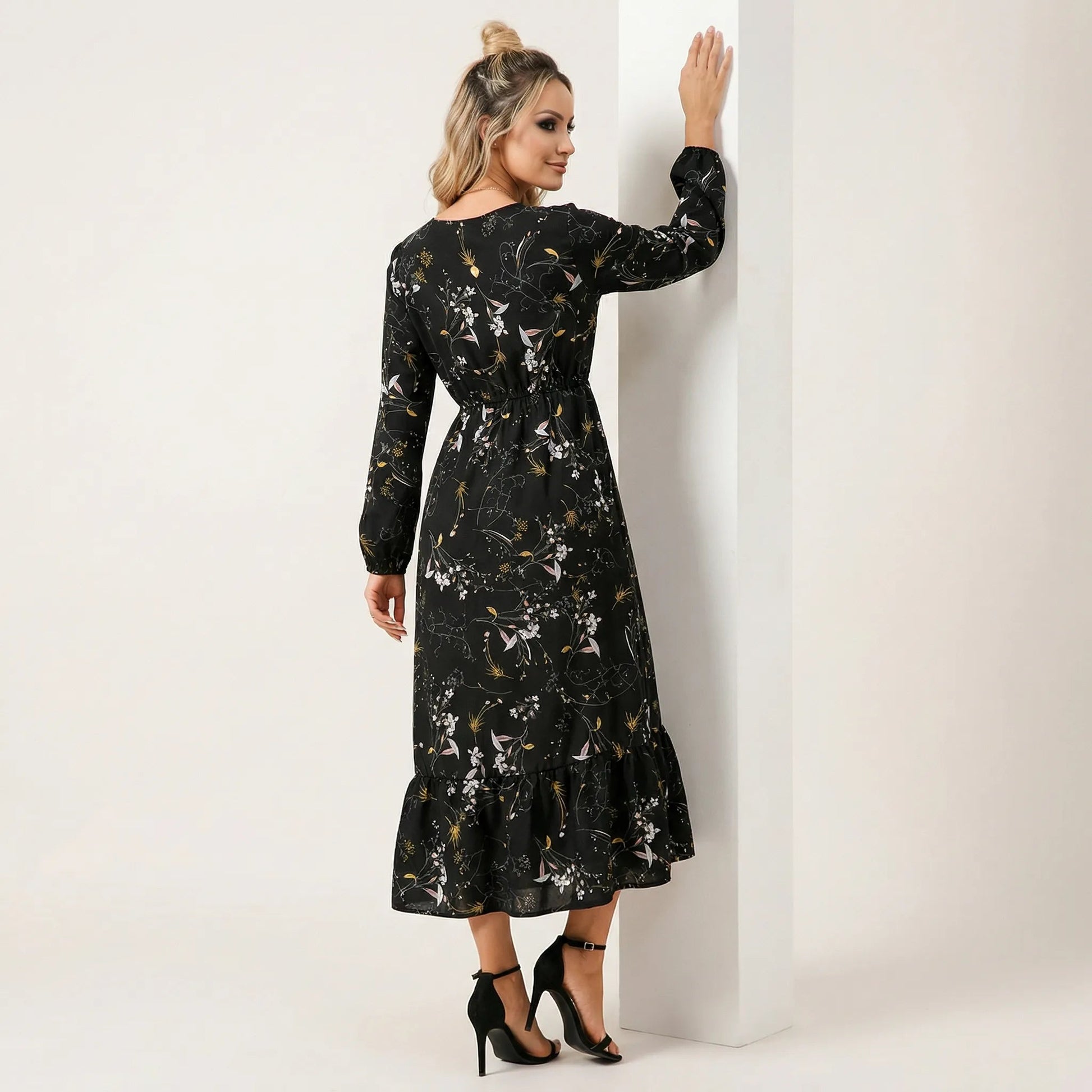 Floral Long Sleeve Midi Dress BlackSM-054-BLACK-S